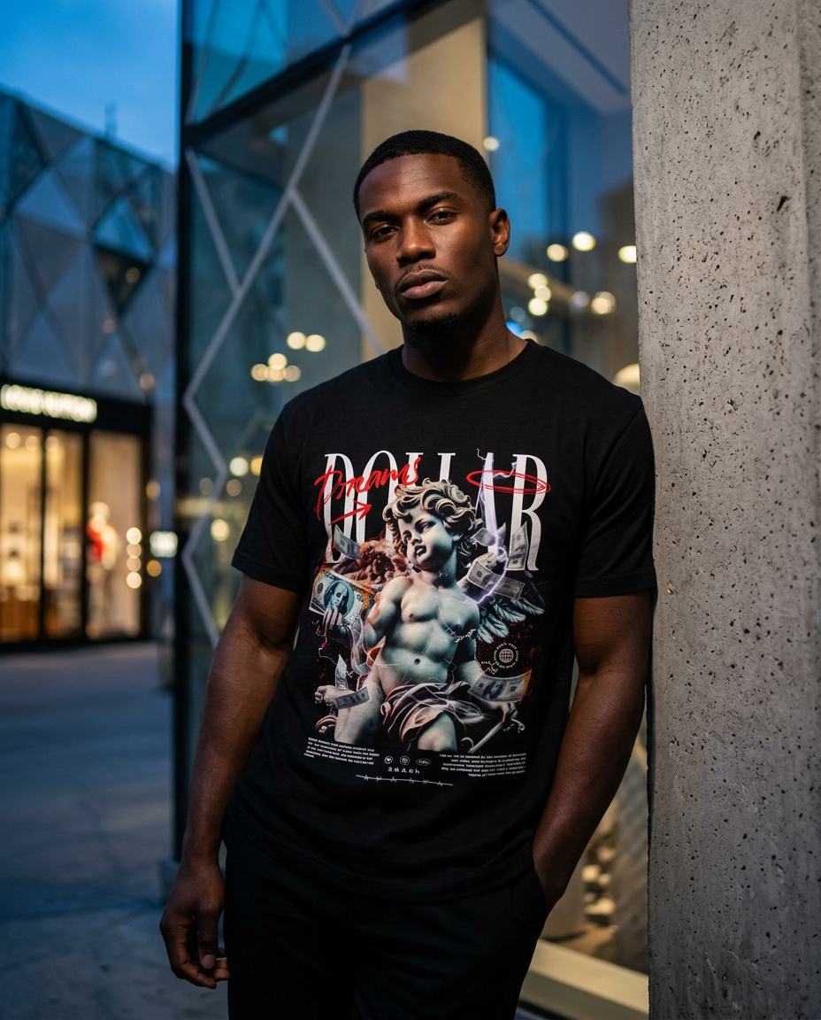 Dollar Cherub Graphic Tee — Streetwear Statue, Money Collage T-Shirt