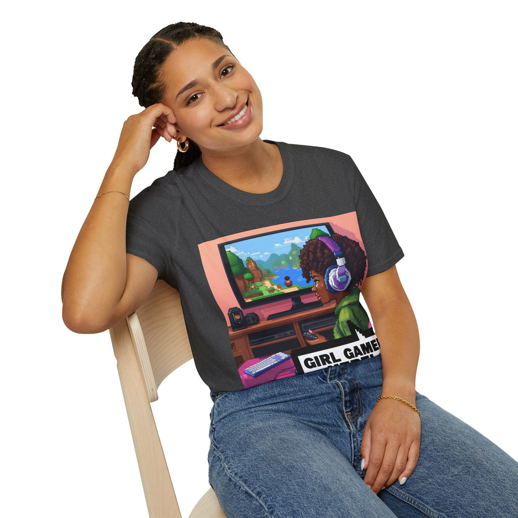 Girl Gamer T-Shirt — Retro Pixel Art ‘GIRL GAMER HERE!’ Tee for Female Gamers