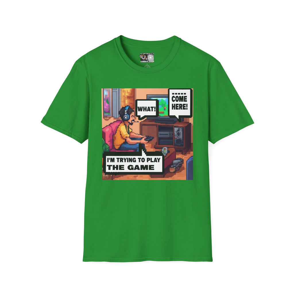 Gamer Comic T-Shirt — “I’m Trying to Play the Game” Pixel Art Tee