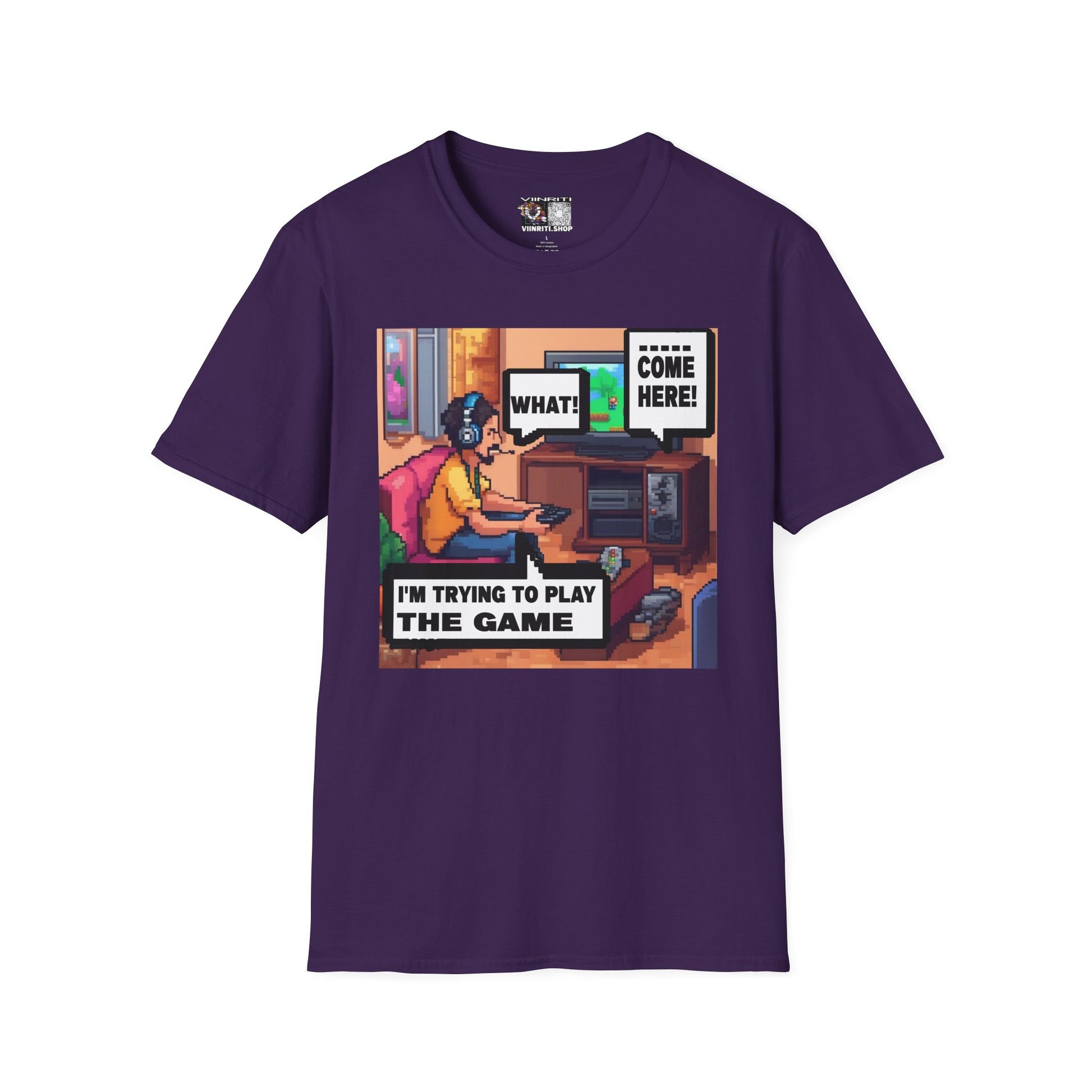Gamer Comic T-Shirt — “I’m Trying to Play the Game” Pixel Art Tee