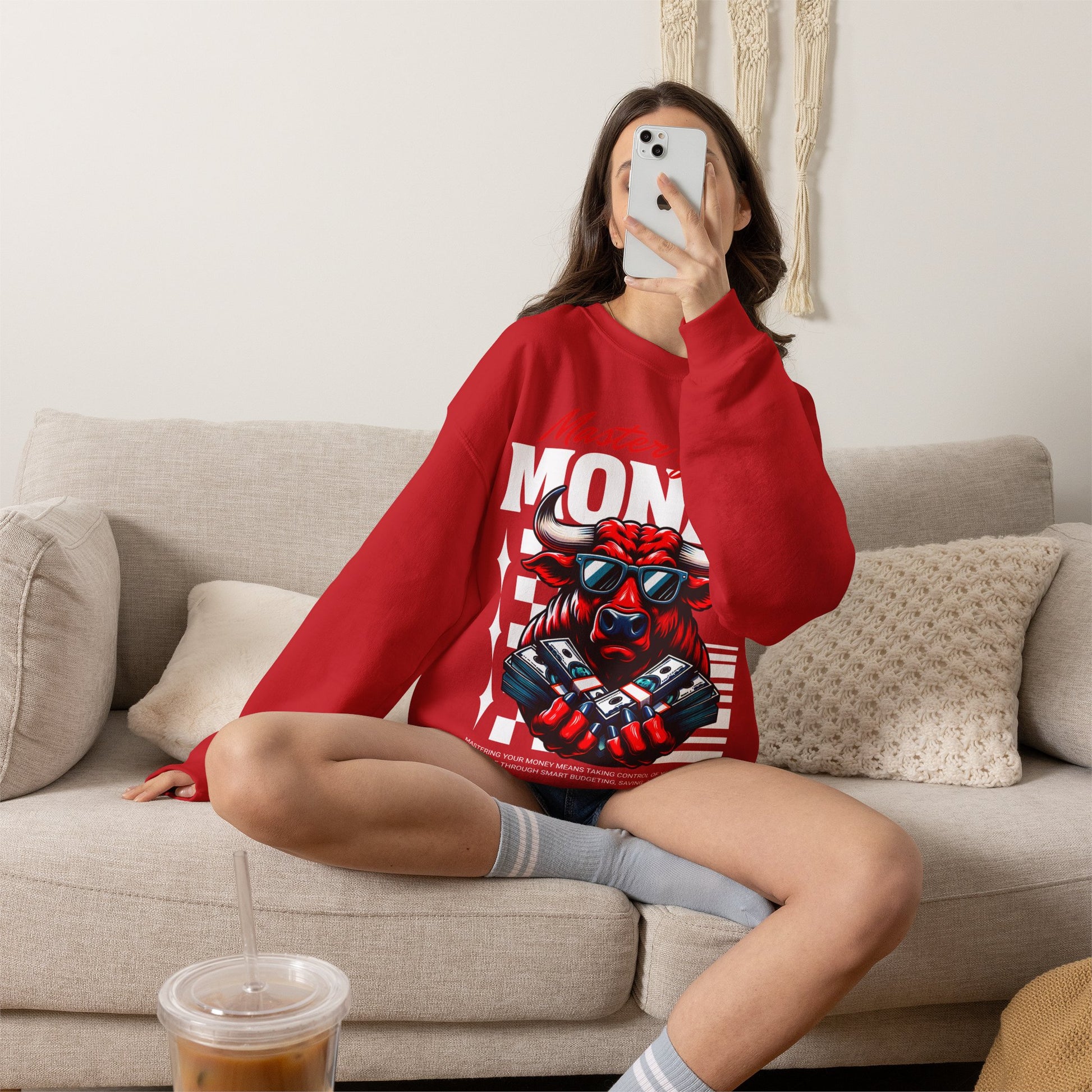 Crewneck Sweatshirt — "Master Your Money" Bull Design, Finance Hustle Graphic