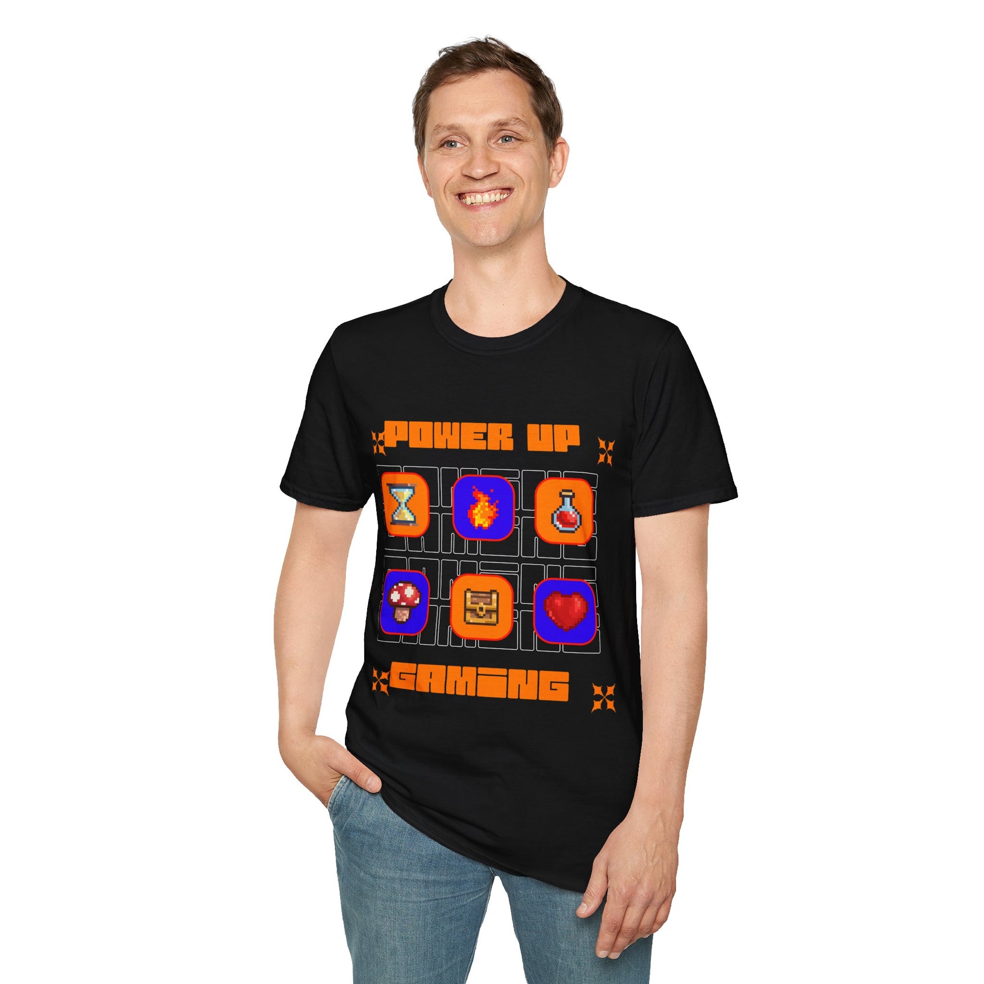 Power Up Gaming T-Shirt — Retro Pixel Game Icons Tee