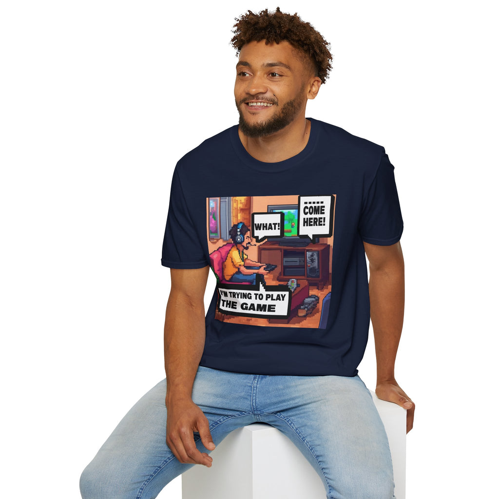 Gamer Comic T-Shirt — “I’m Trying to Play the Game” Pixel Art Tee