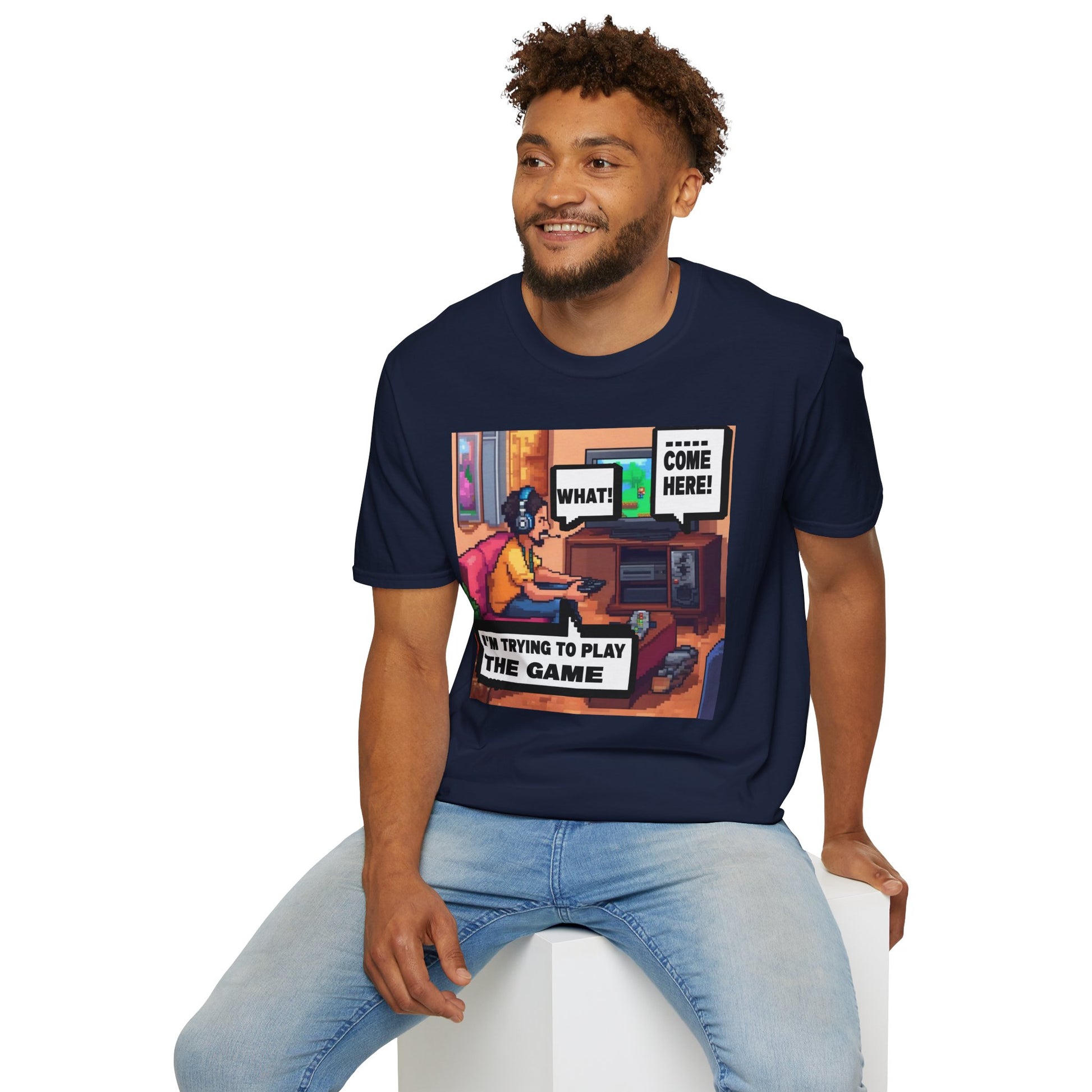 Gamer Comic T-Shirt — “I’m Trying to Play the Game” Pixel Art Tee