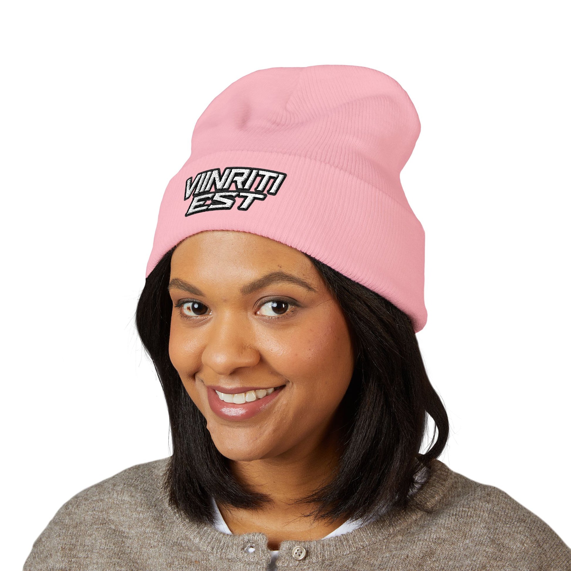 Embroidered 'Viinriti Est' Cuffed Beanie — Classic Knit Winter Hat