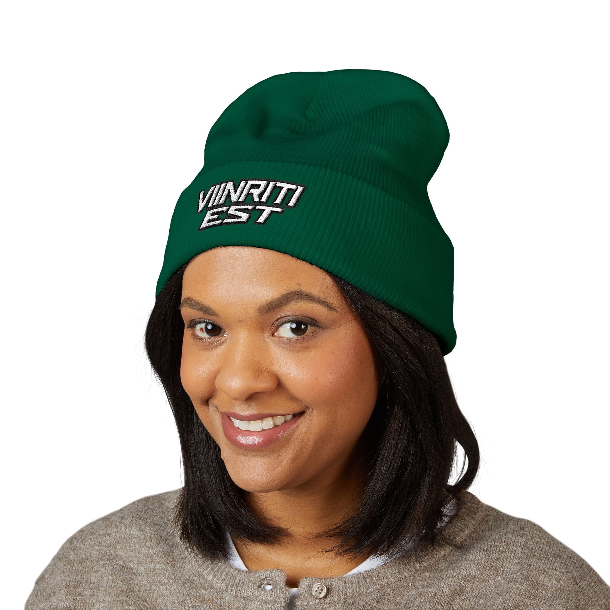 Embroidered 'Viinriti Est' Cuffed Beanie — Classic Knit Winter Hat