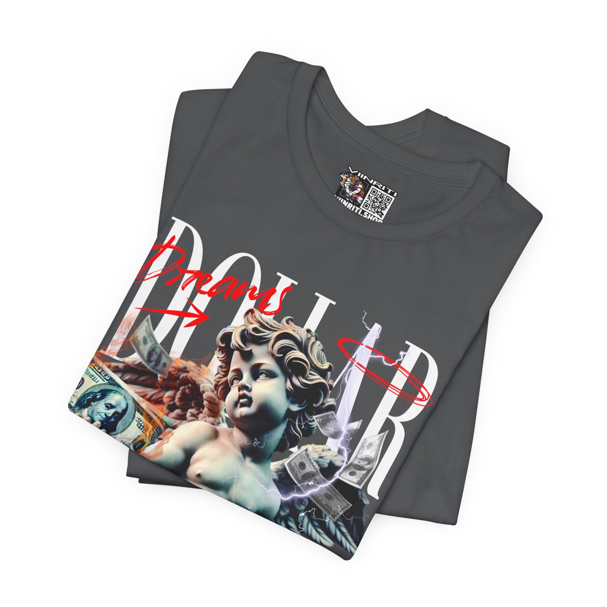 Dollar Cherub Graphic Tee — Streetwear Statue, Money Collage T-Shirt