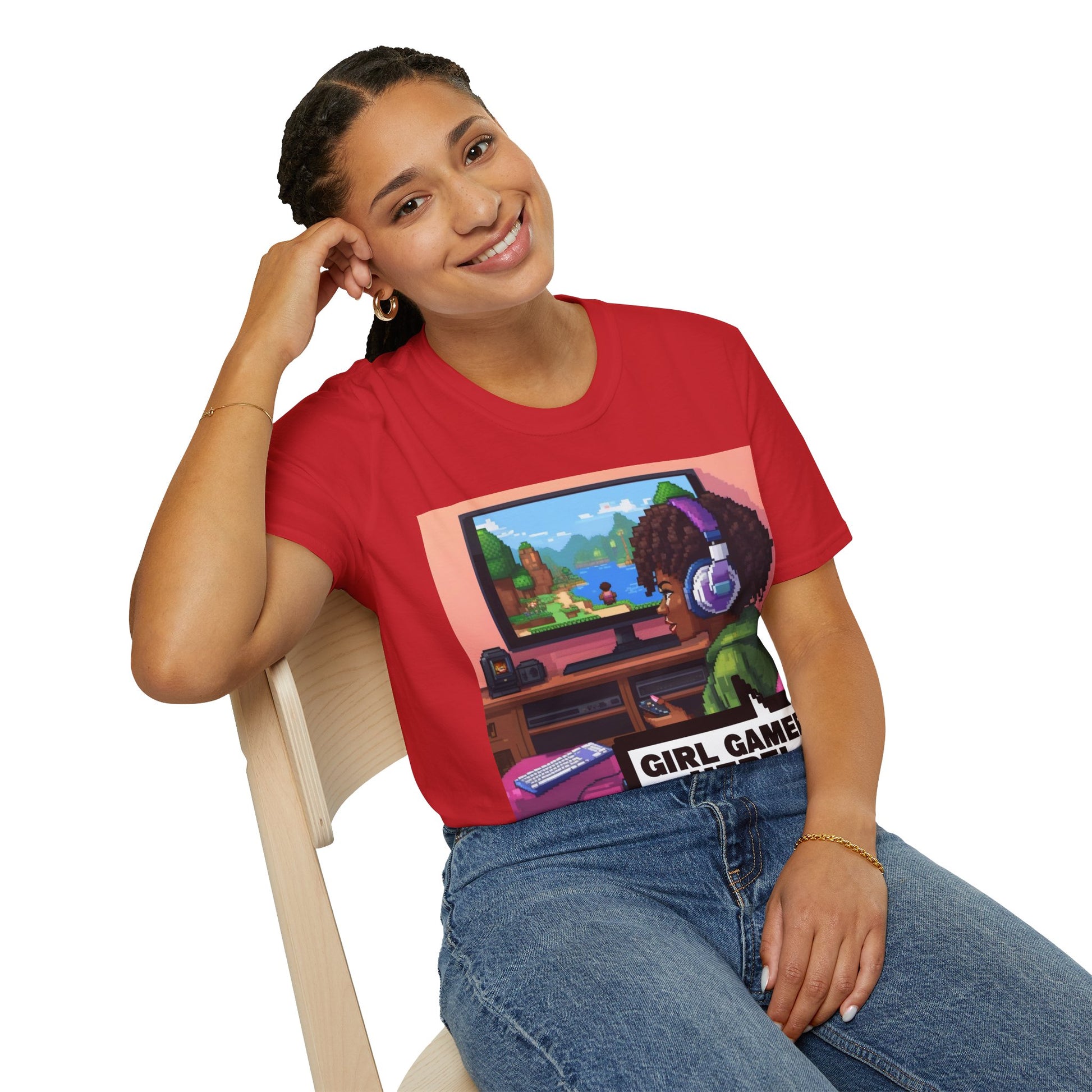 Girl Gamer T-Shirt — Retro Pixel Art ‘GIRL GAMER HERE!’ Tee for Female Gamers