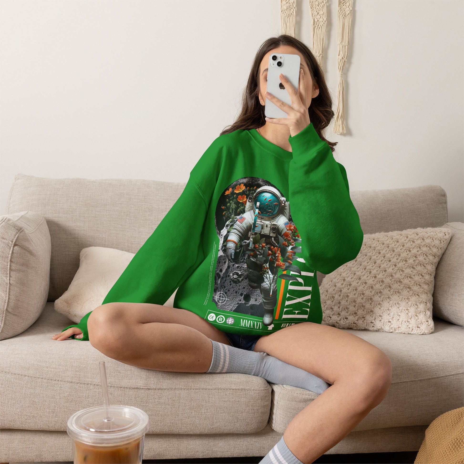 Astronaut Floral Crewneck Sweatshirt — Space Explorer Graphic Pullover