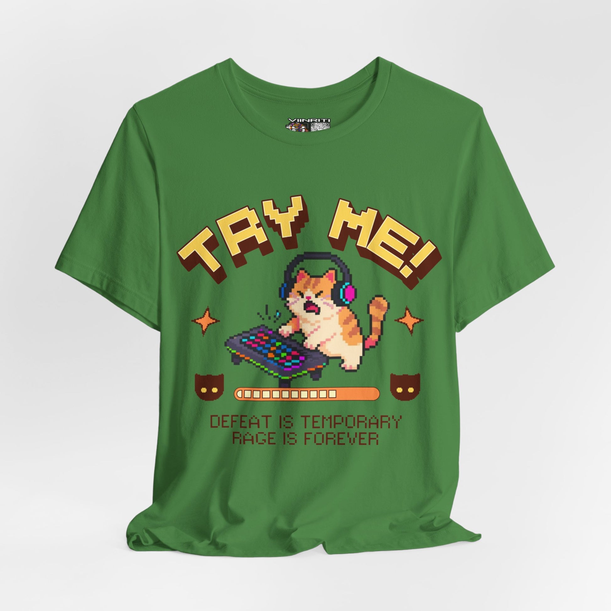 Try Me! Gamer Cat T‑Shirt — "Defeat Is Temporary, Rage Is Forever" Retro Pixel Tee