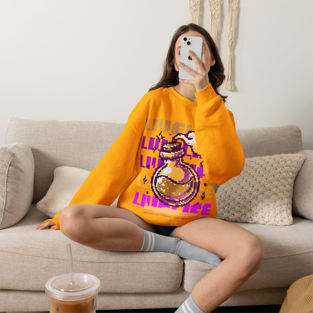 Crewneck Sweatshirt — Pixel Potion 'LIFE' Retro Gaming Graphic