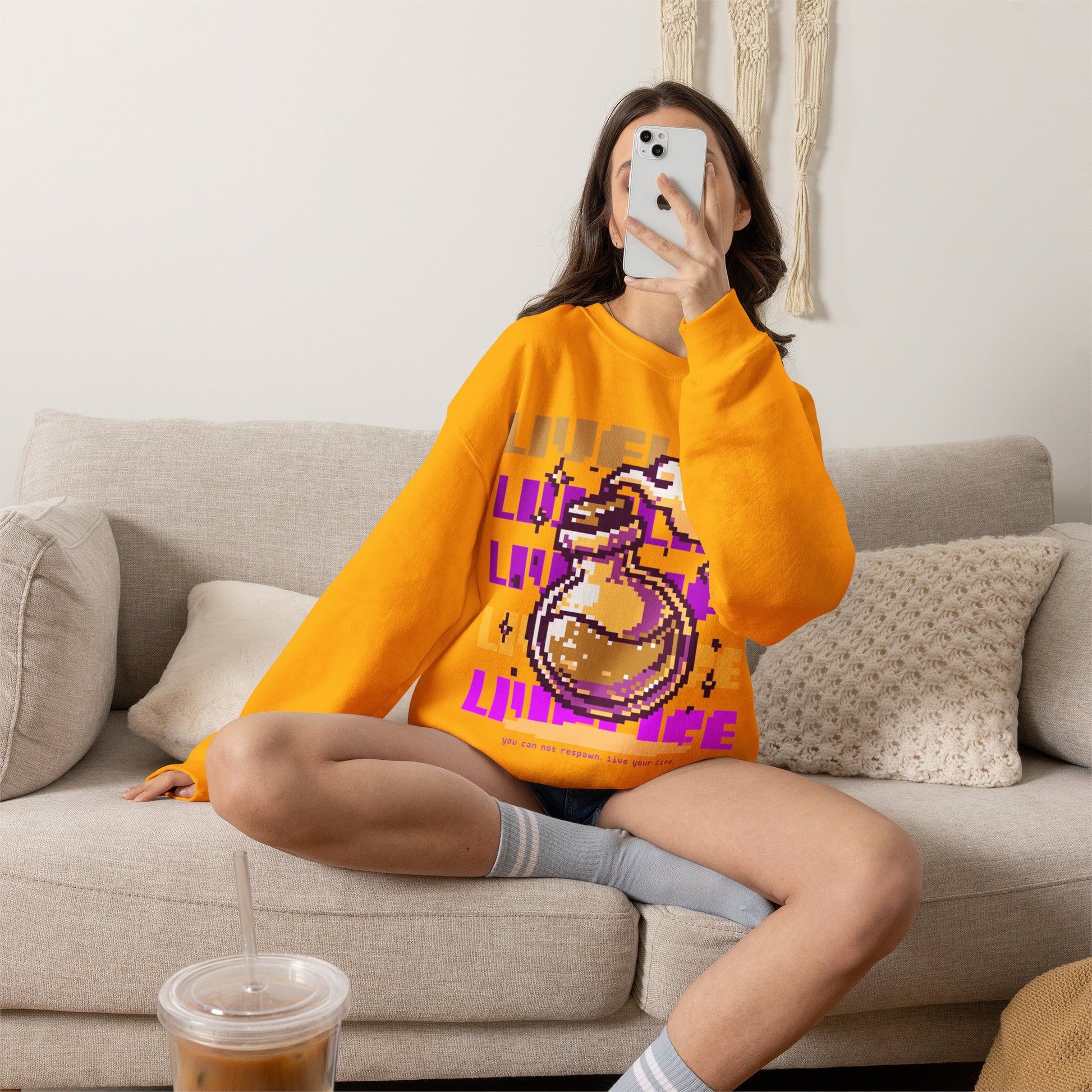 Crewneck Sweatshirt — Pixel Potion 'LIFE' Retro Gaming Graphic