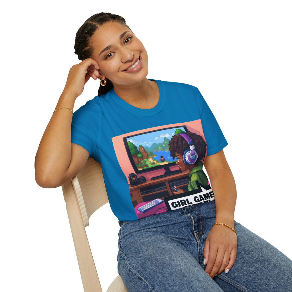 Girl Gamer T-Shirt — Retro Pixel Art ‘GIRL GAMER HERE!’ Tee for Female Gamers