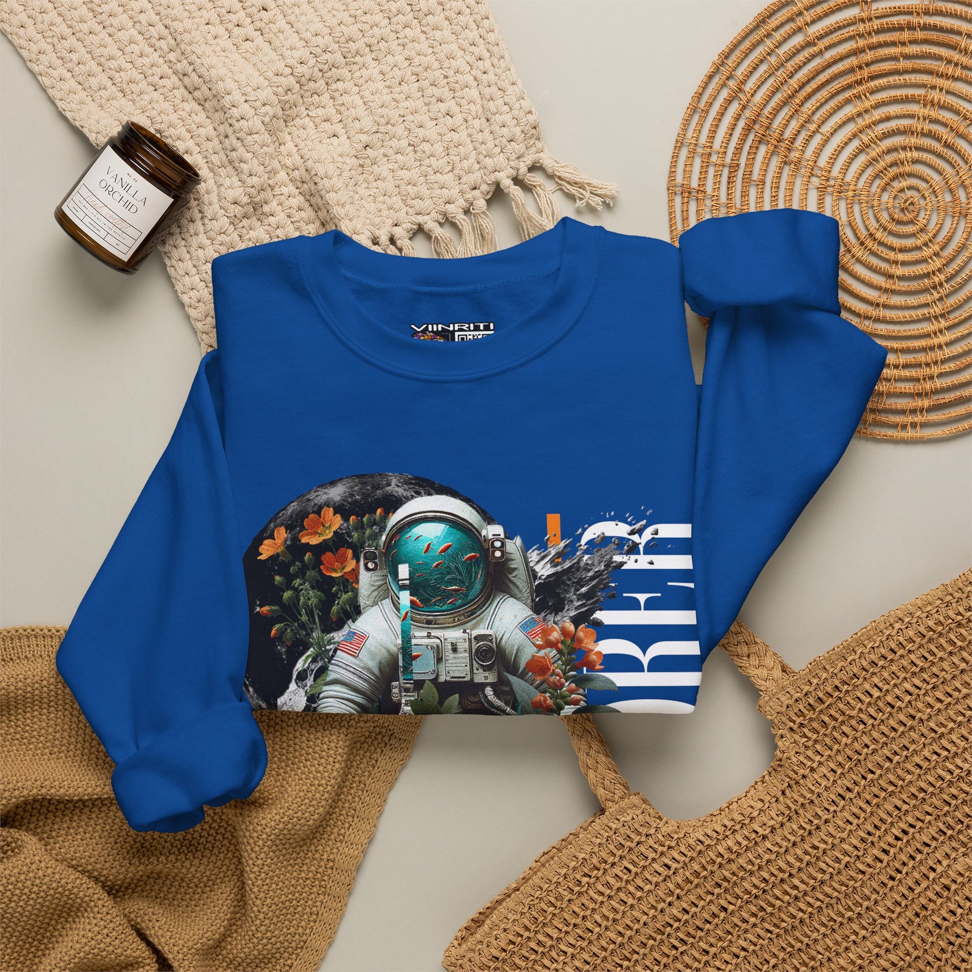 Astronaut Floral Crewneck Sweatshirt — Space Explorer Graphic Pullover