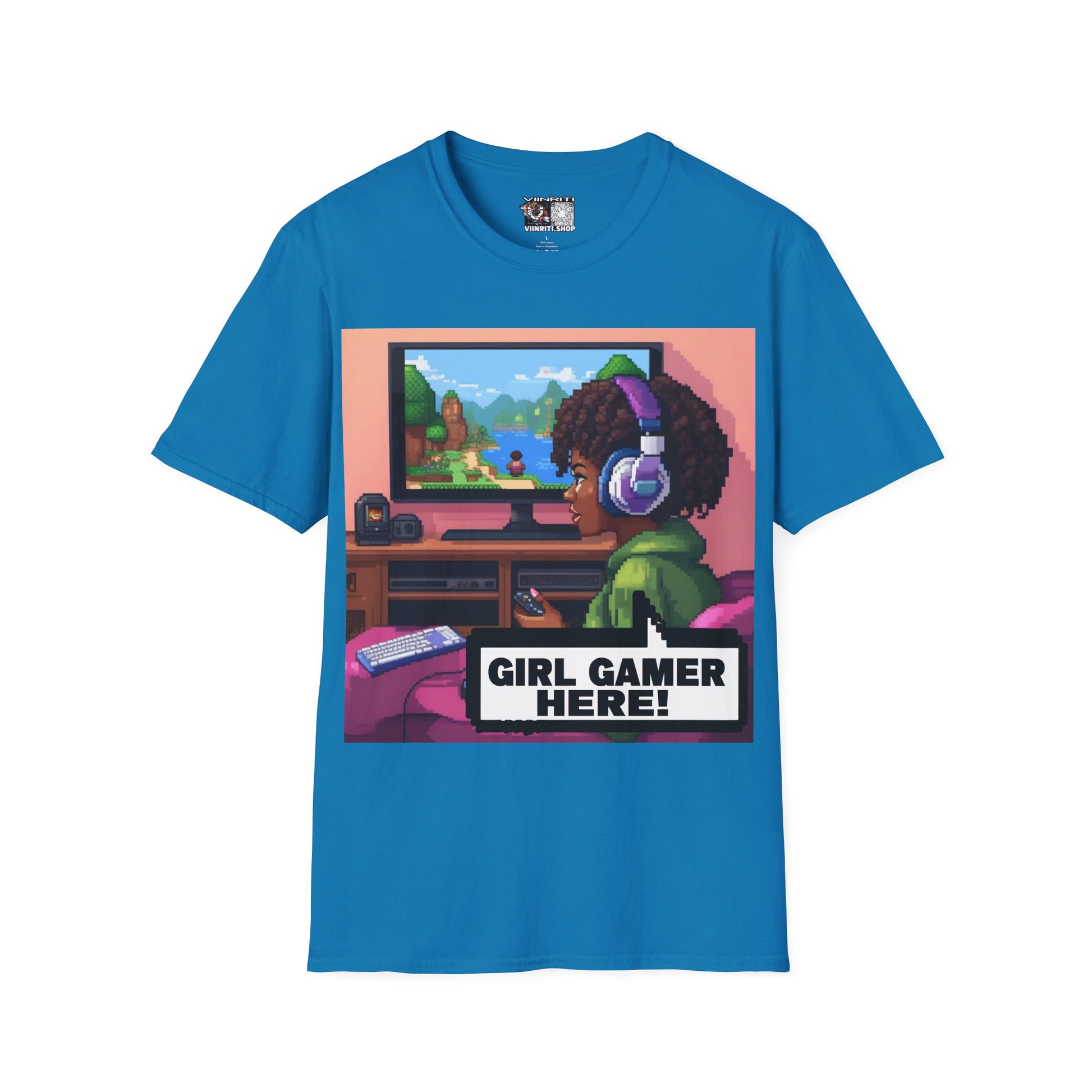 Girl Gamer T-Shirt — Retro Pixel Art ‘GIRL GAMER HERE!’ Tee for Female Gamers