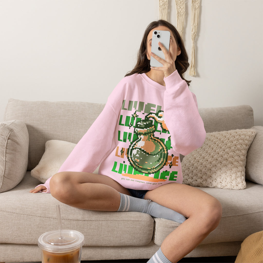 Crewneck Sweatshirt — Pixel Potion 'LIFE' Retro Gaming Graphic