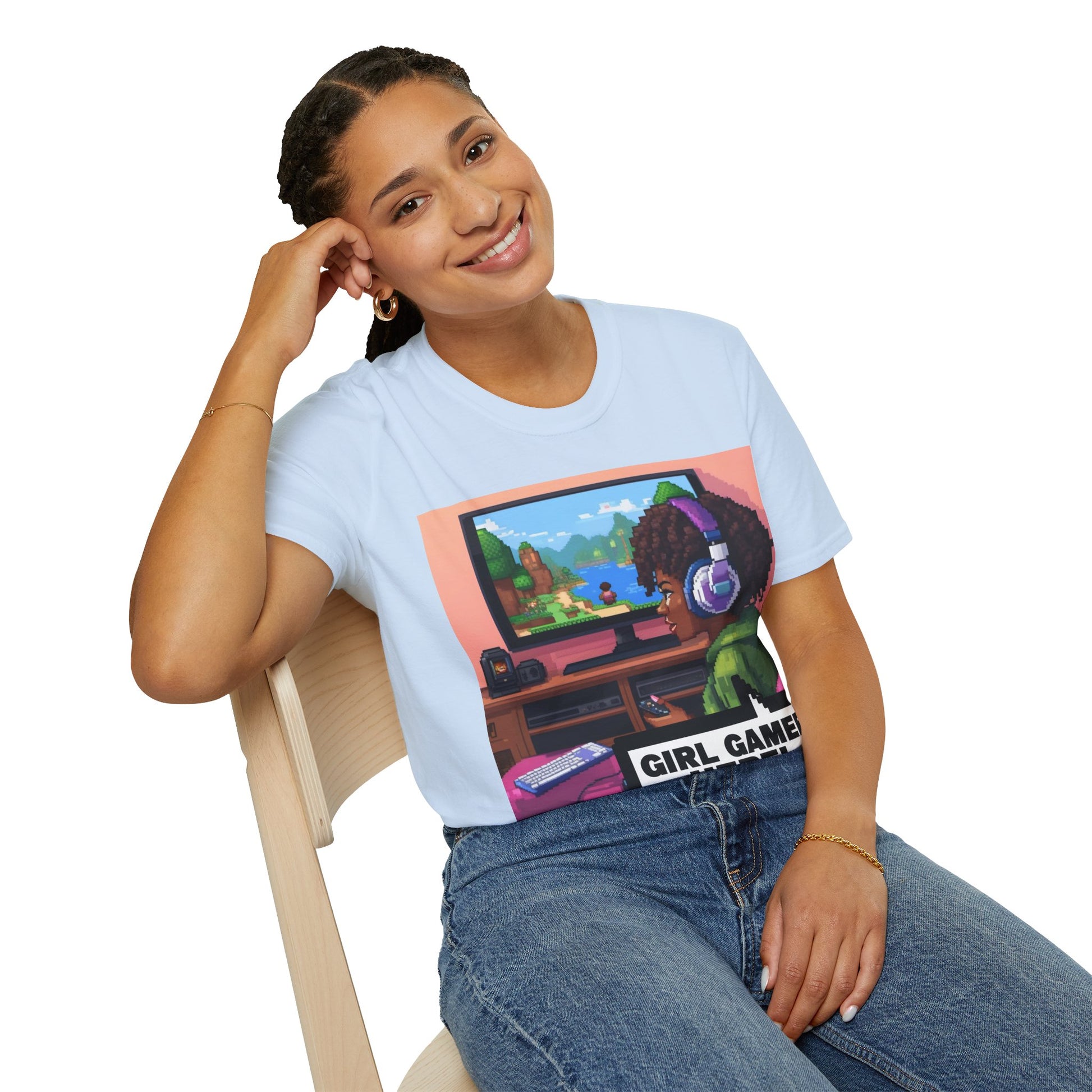 Girl Gamer T-Shirt — Retro Pixel Art ‘GIRL GAMER HERE!’ Tee for Female Gamers