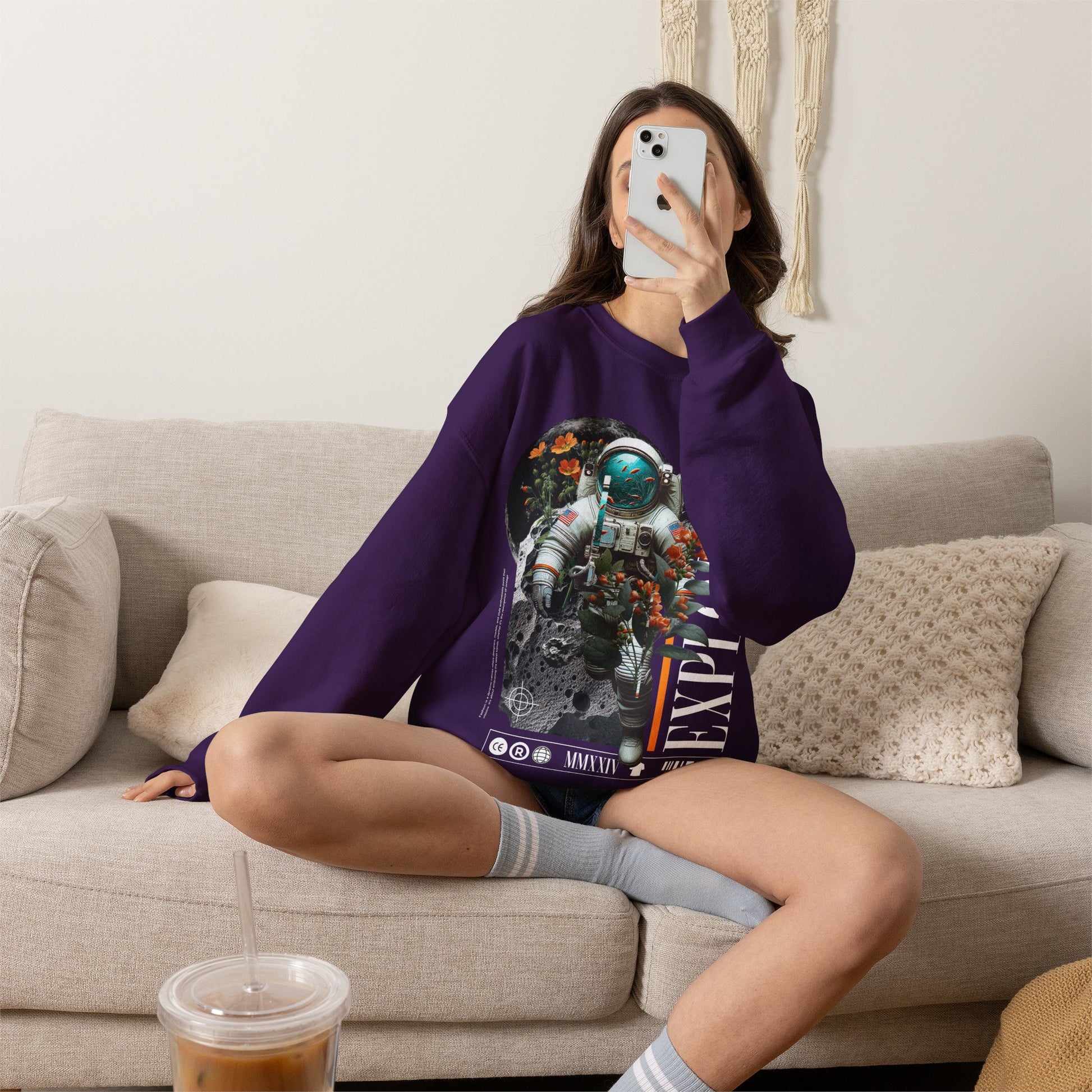 Astronaut Floral Crewneck Sweatshirt — Space Explorer Graphic Pullover