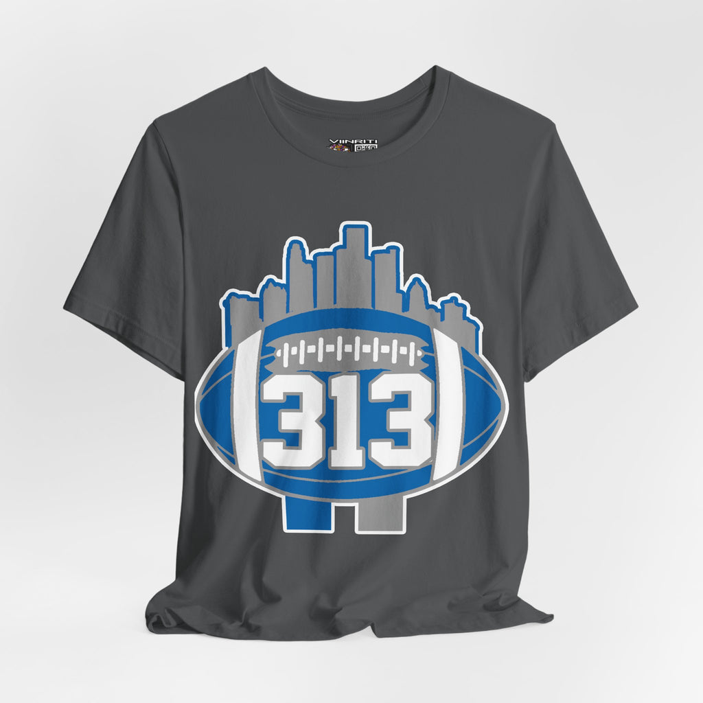 Detroit 313 Football T-Shirt — City Skyline & Number 313 Logo