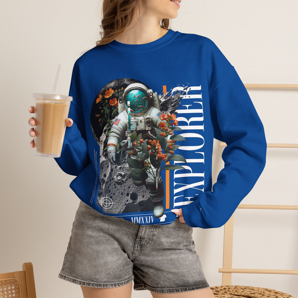 Astronaut Floral Crewneck Sweatshirt — Space Explorer Graphic Pullover