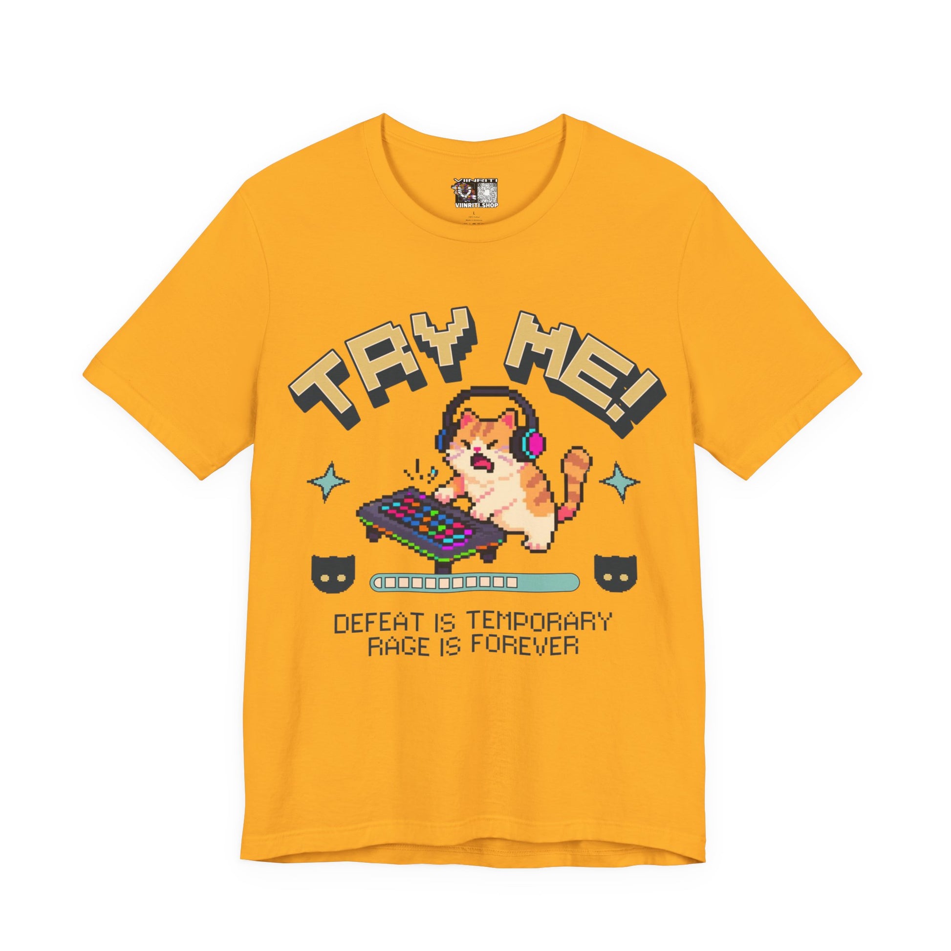 Try Me! Gamer Cat T‑Shirt — "Defeat Is Temporary, Rage Is Forever" Retro Pixel Tee
