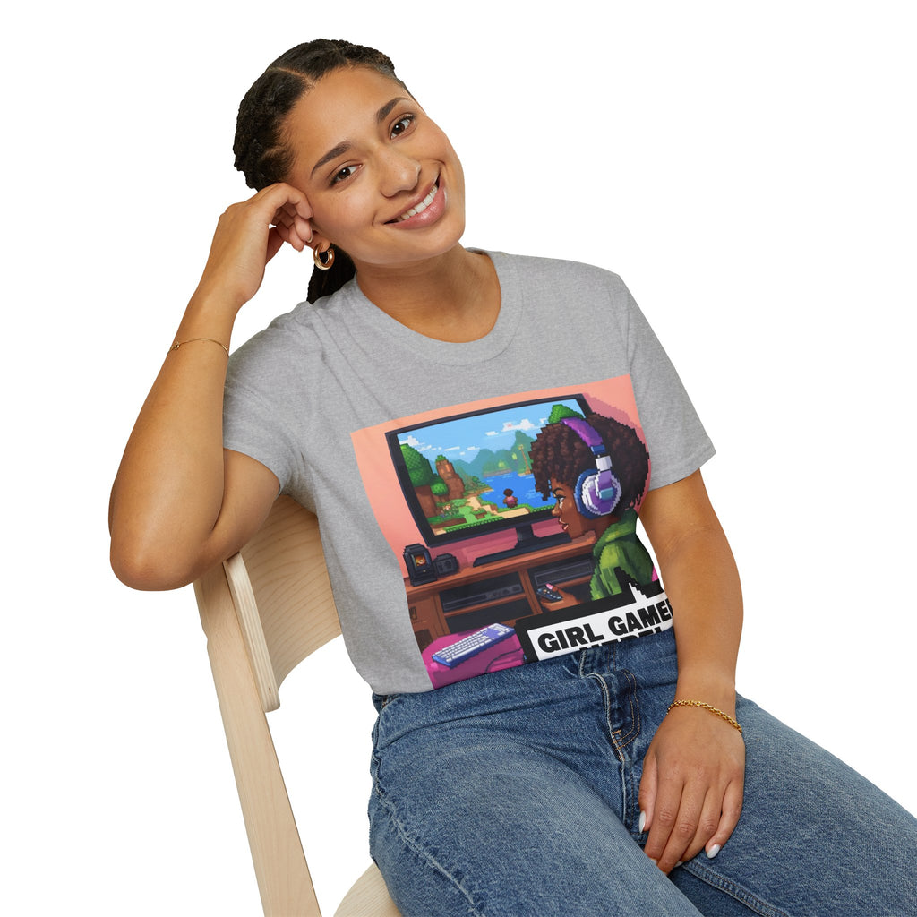 Girl Gamer T-Shirt — Retro Pixel Art ‘GIRL GAMER HERE!’ Tee for Female Gamers