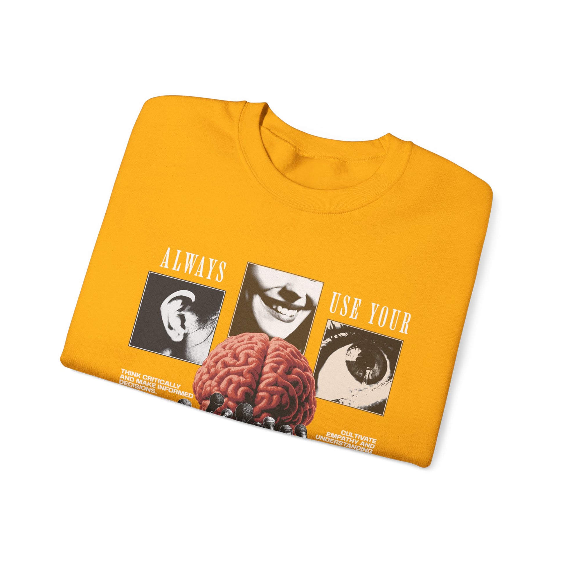 Brain Graphic Crewneck Sweatshirt — "Always Use Your Brain" Vintage Horror Vibe
