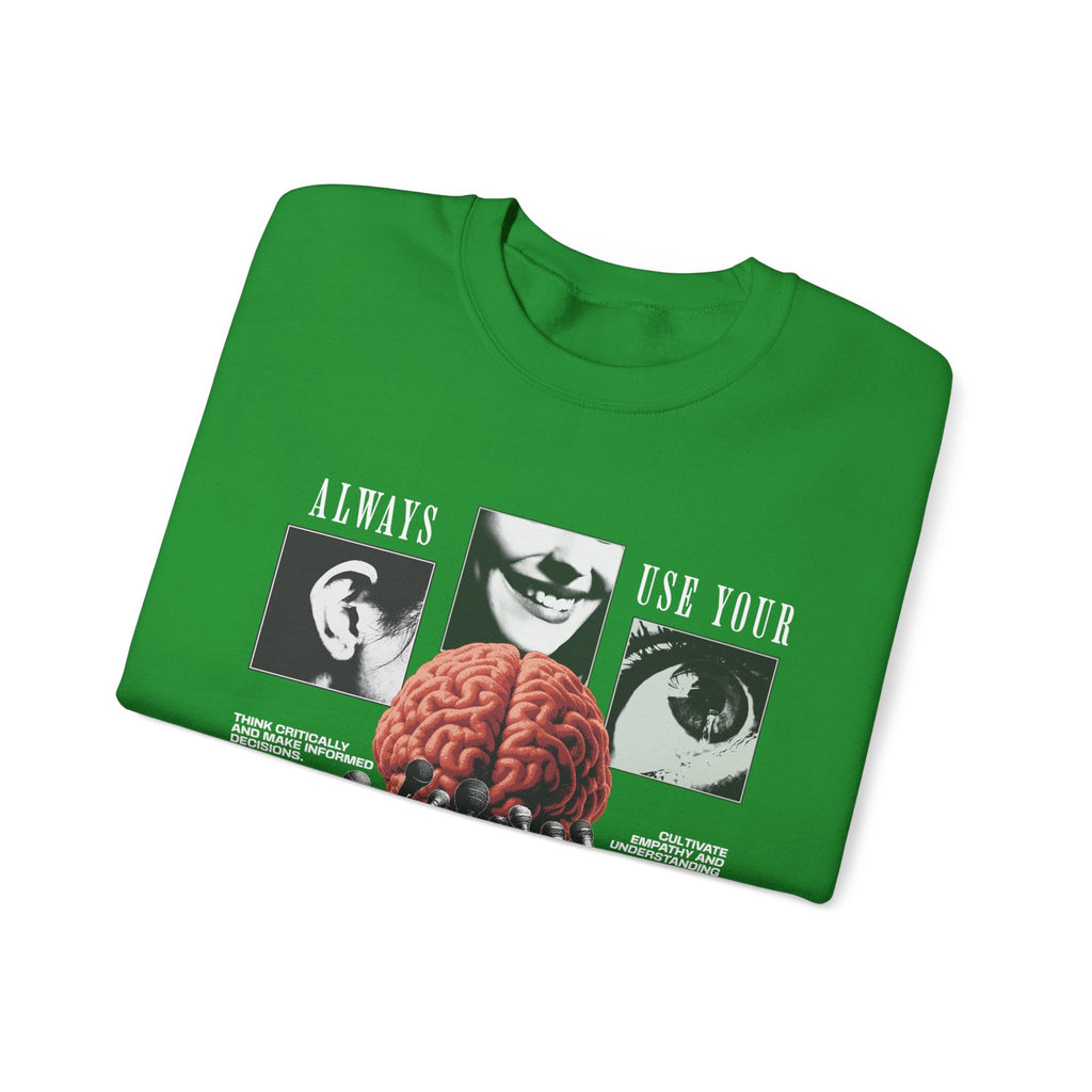 Brain Graphic Crewneck Sweatshirt — "Always Use Your Brain" Vintage Horror Vibe