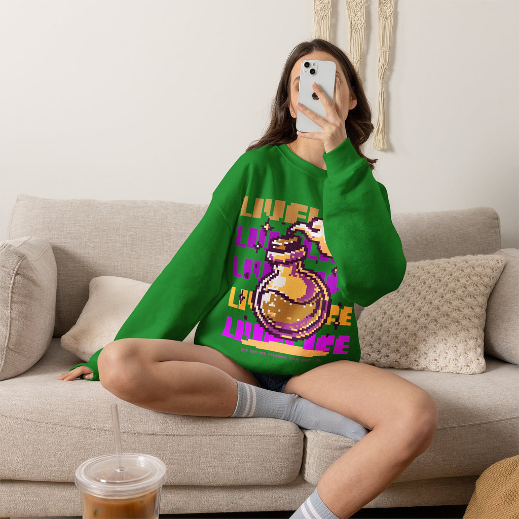 Crewneck Sweatshirt — Pixel Potion 'LIFE' Retro Gaming Graphic