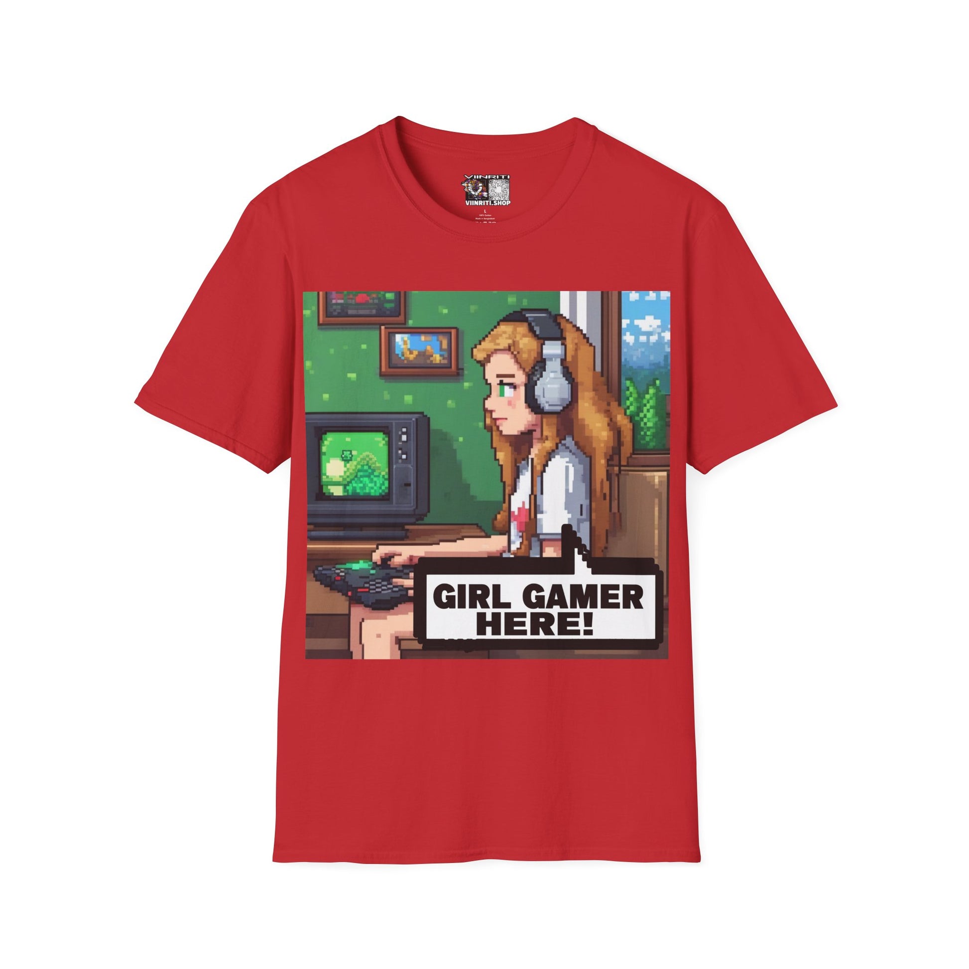 Girl Gamer Here Pixel Art T-Shirt — Retro Gaming Tee for Female Gamers