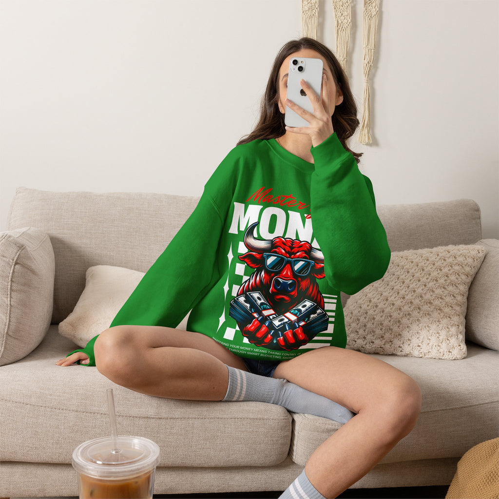 Crewneck Sweatshirt — "Master Your Money" Bull Design, Finance Hustle Graphic