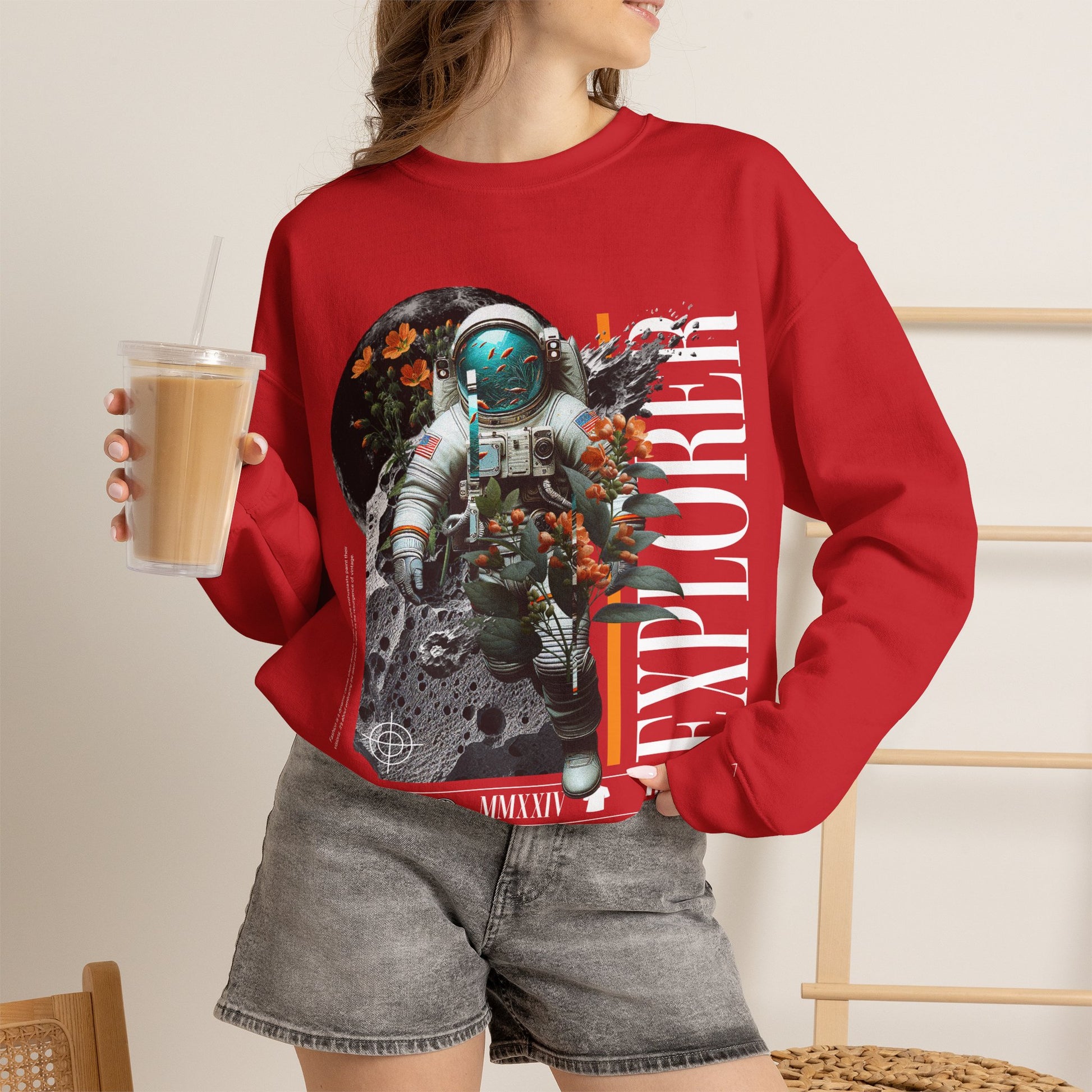 Astronaut Floral Crewneck Sweatshirt — Space Explorer Graphic Pullover