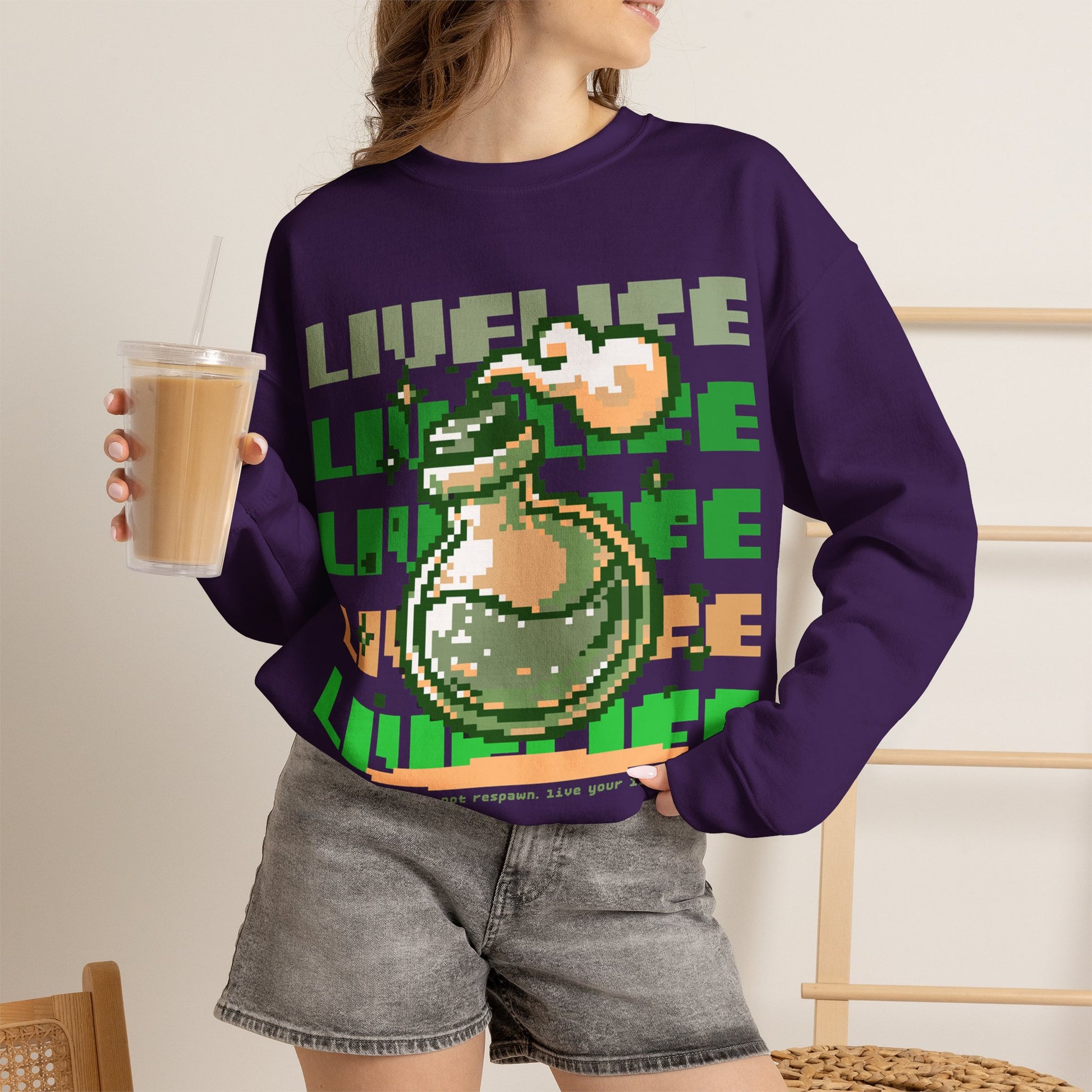 Crewneck Sweatshirt — Pixel Potion 'LIFE' Retro Gaming Graphic