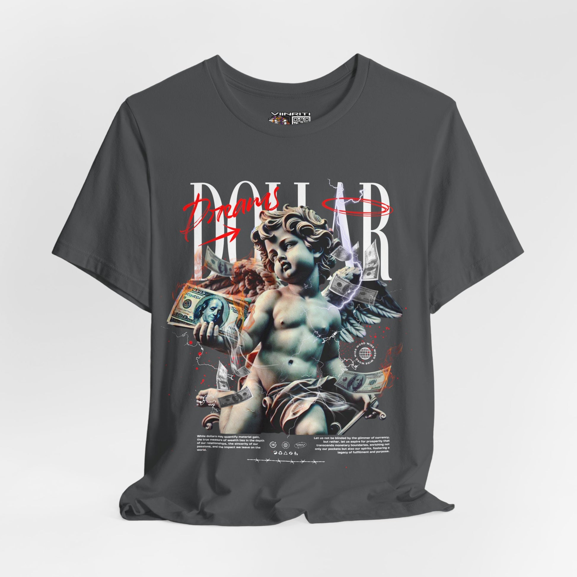 Dollar Cherub Graphic Tee — Streetwear Statue, Money Collage T-Shirt