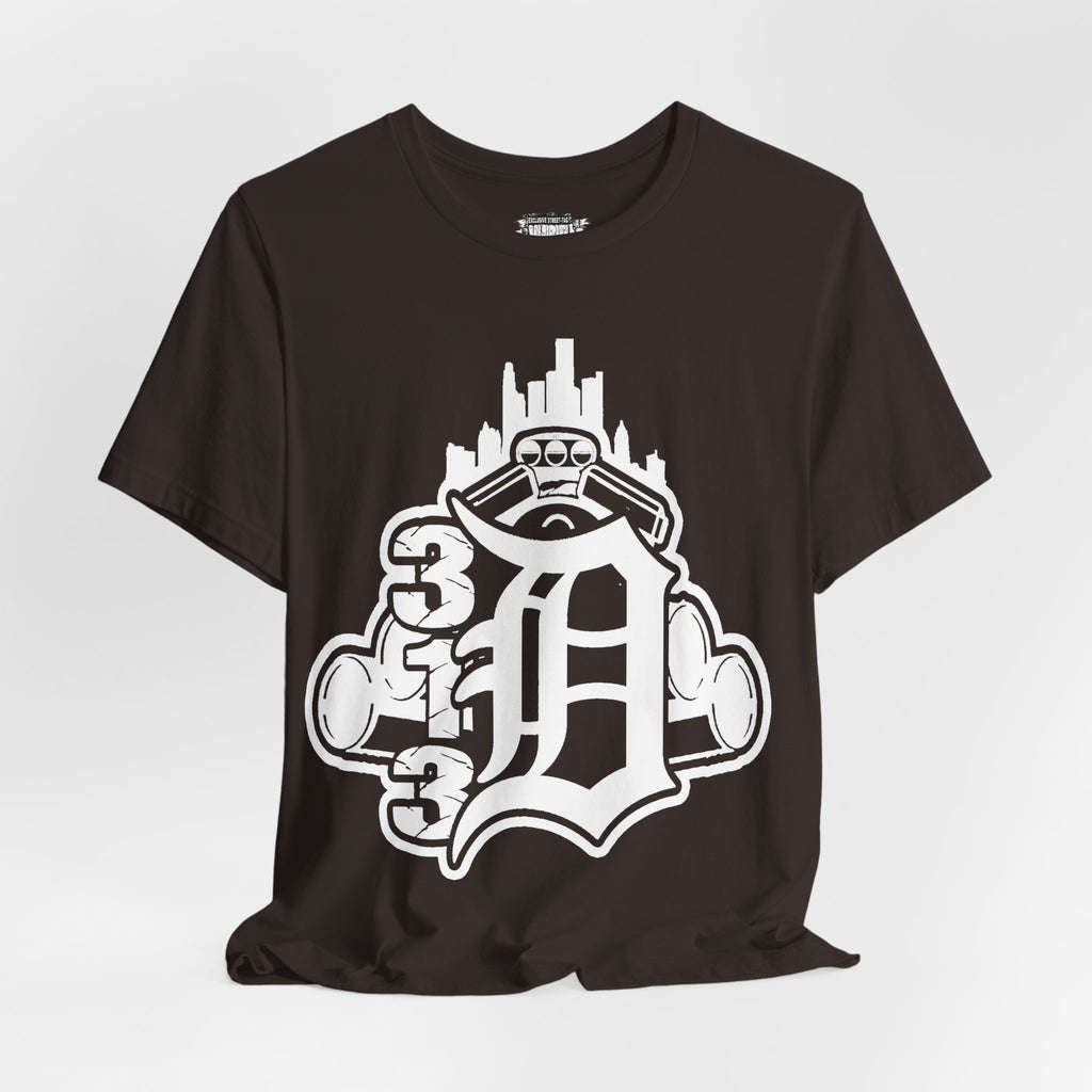 Detroit D Monochrome Tee — City Skyline & Motor Graphic T-Shirt