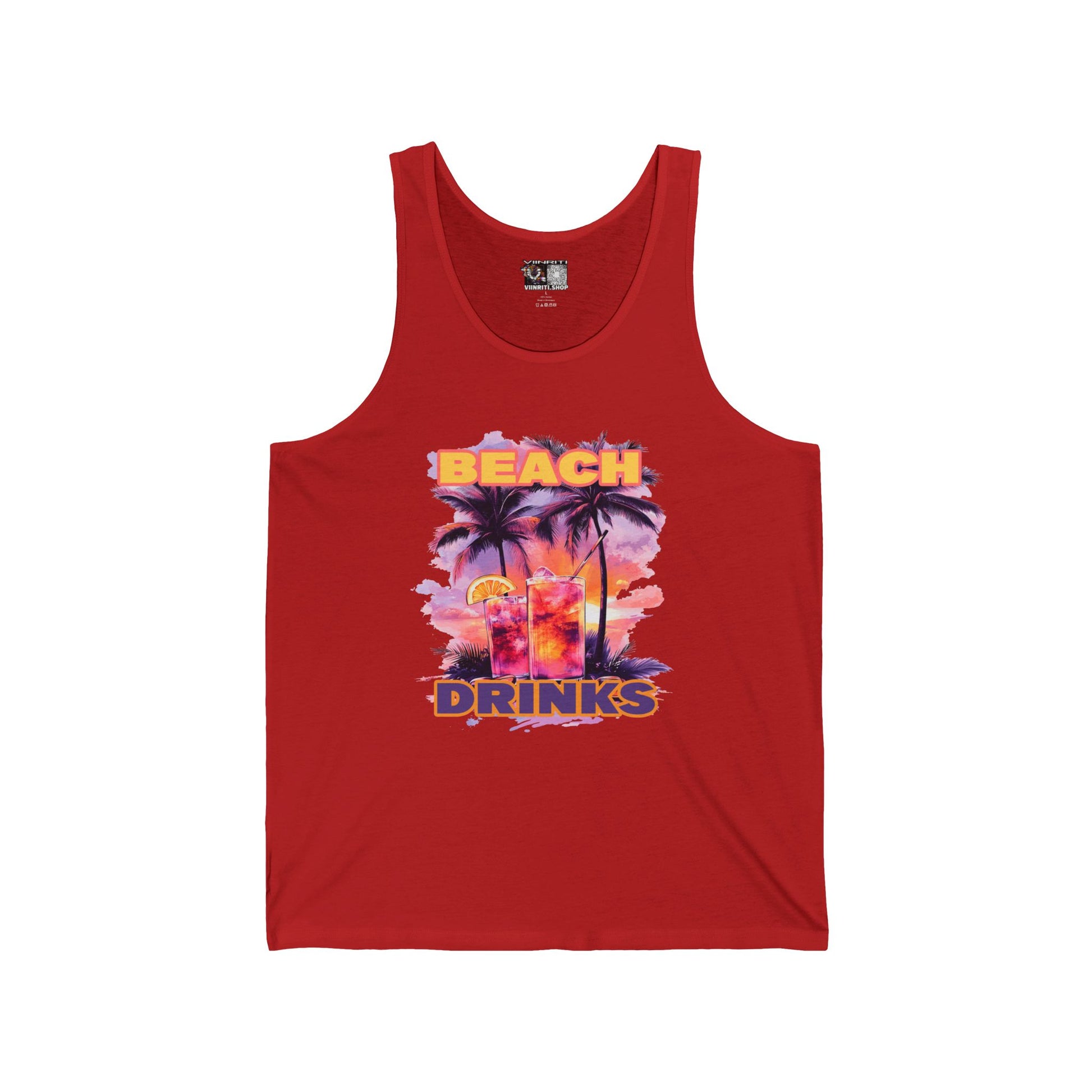 Beach Drinks Tropical Sunset Tank Top, Beach Vibes Shirt, Vacation Apparel, Summer Fashion, Unisex Jersey Tee