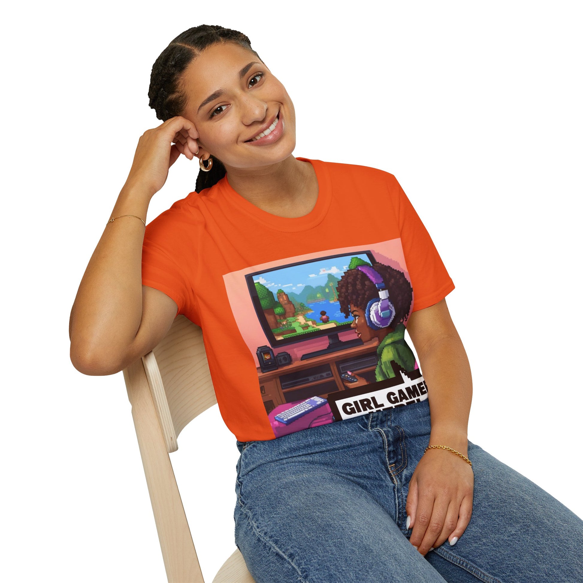 Girl Gamer T-Shirt — Retro Pixel Art ‘GIRL GAMER HERE!’ Tee for Female Gamers