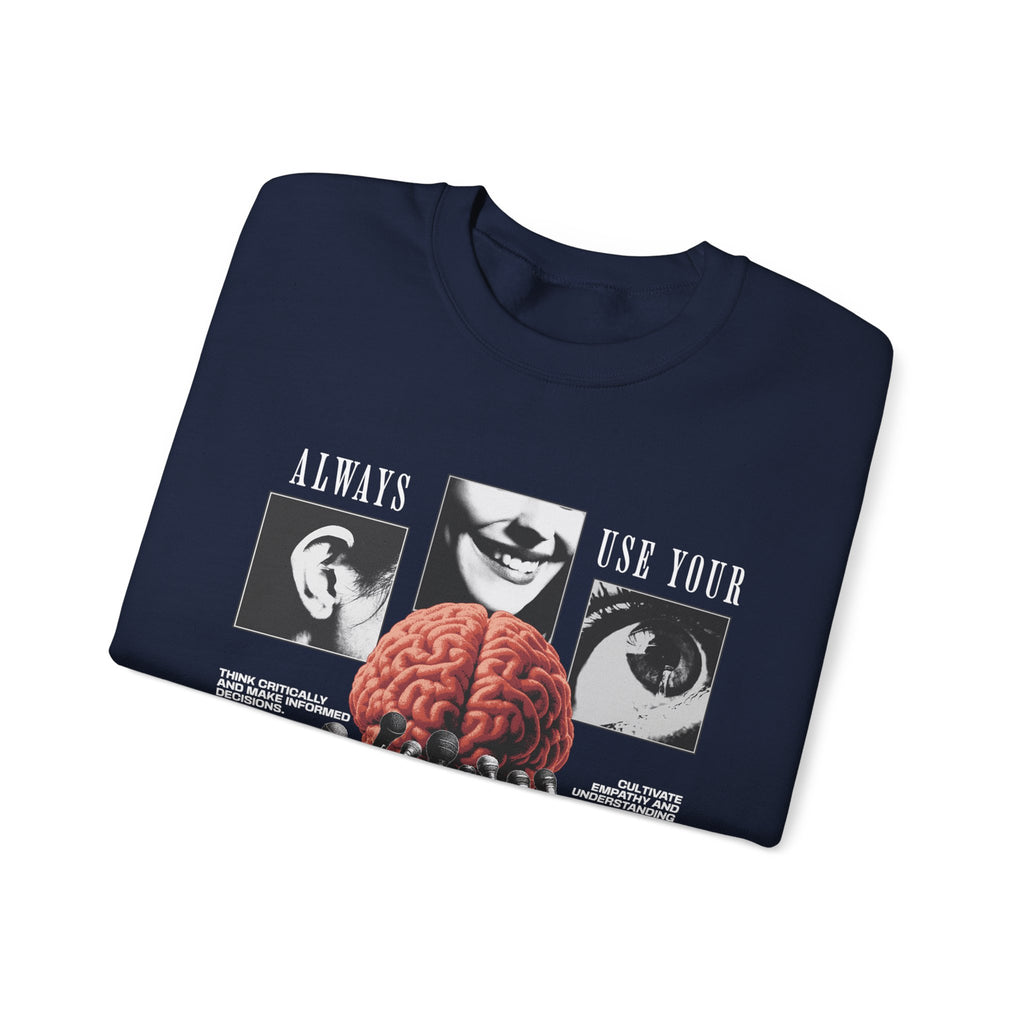 Brain Graphic Crewneck Sweatshirt — "Always Use Your Brain" Vintage Horror Vibe