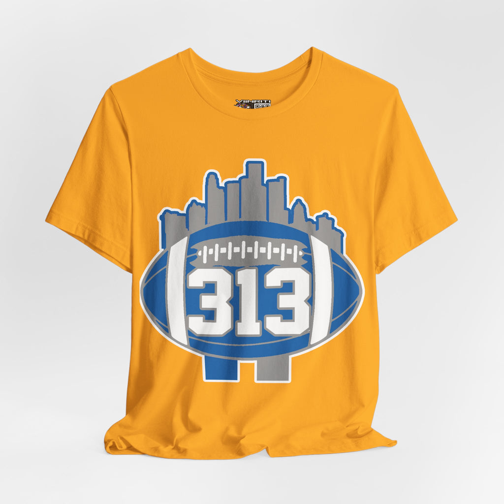 Detroit 313 Football T-Shirt — City Skyline & Number 313 Logo