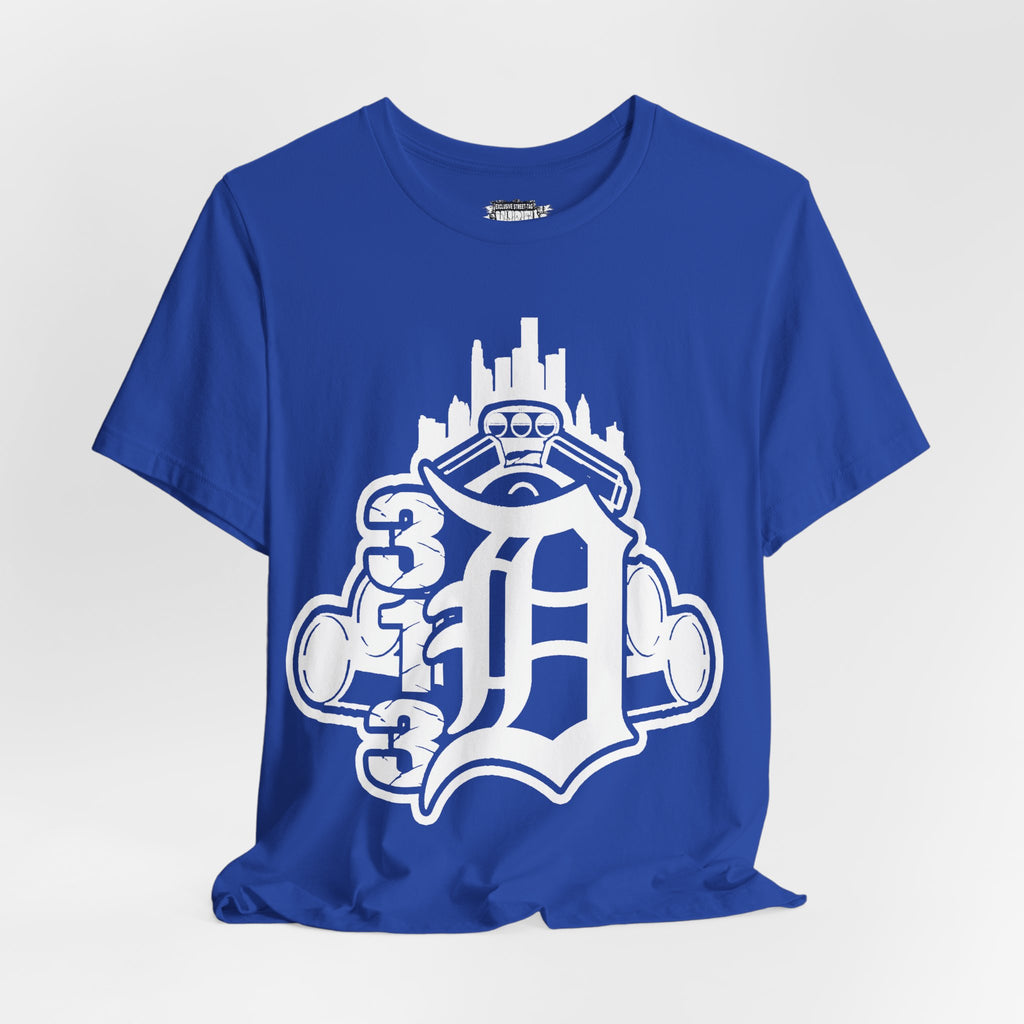 Detroit D Monochrome Tee — City Skyline & Motor Graphic T-Shirt