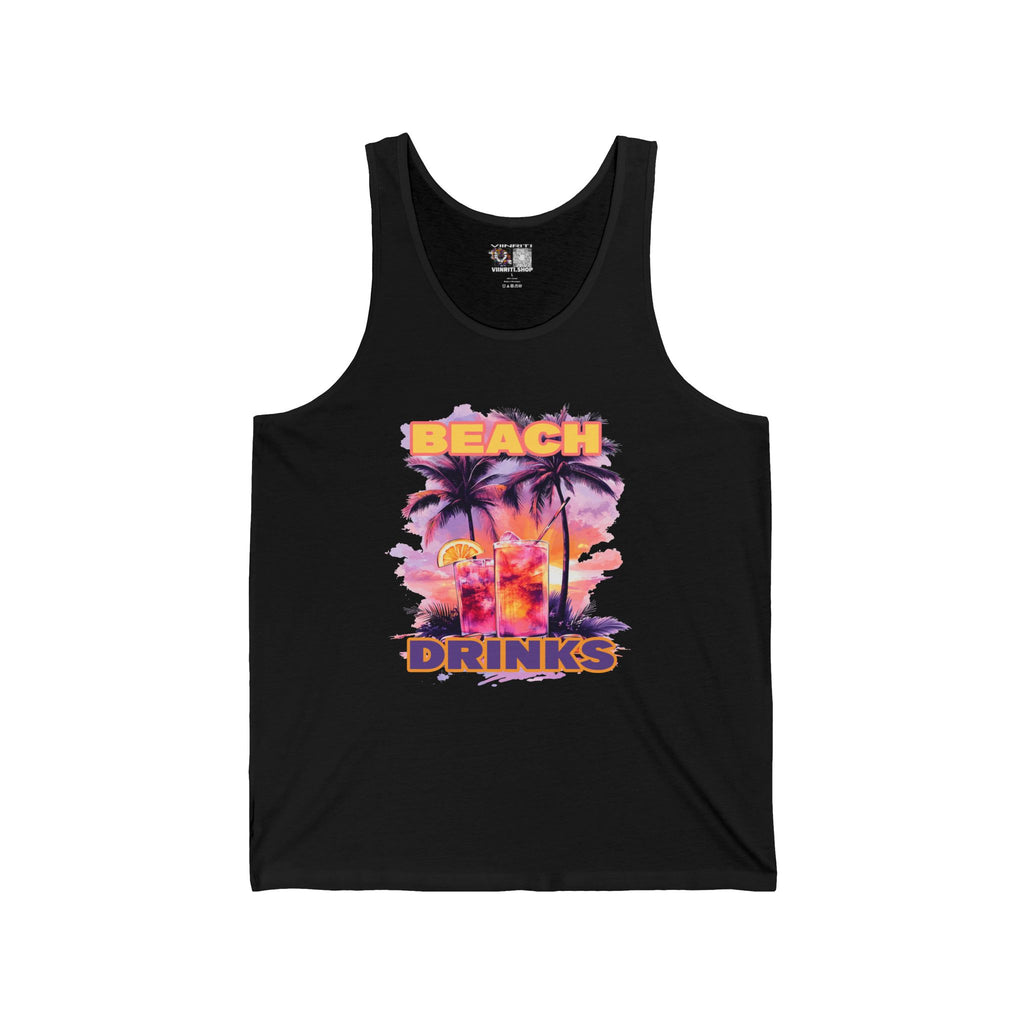 Beach Drinks Tropical Sunset Tank Top, Beach Vibes Shirt, Vacation Apparel, Summer Fashion, Unisex Jersey Tee