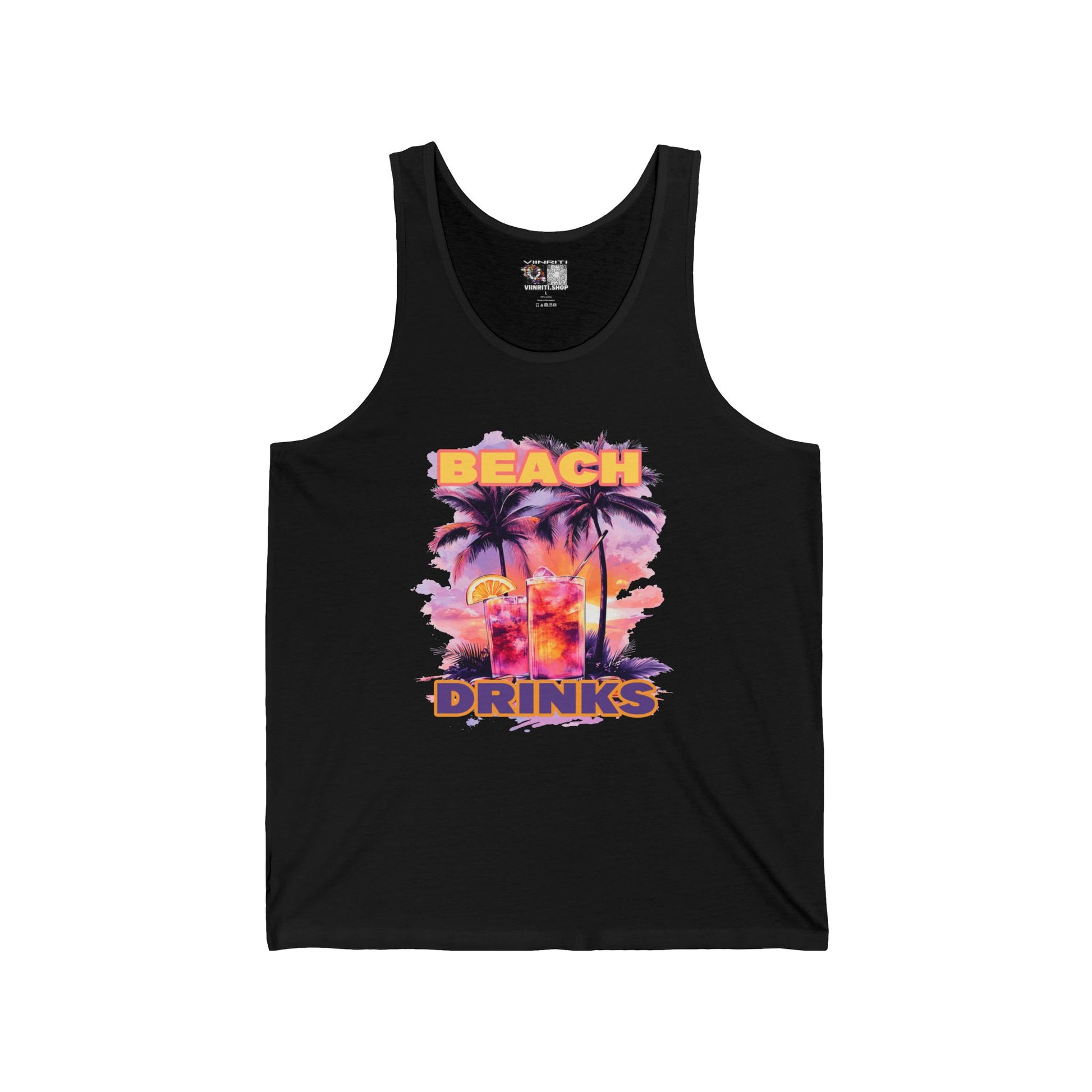 Beach Drinks Tropical Sunset Tank Top, Beach Vibes Shirt, Vacation Apparel, Summer Fashion, Unisex Jersey Tee