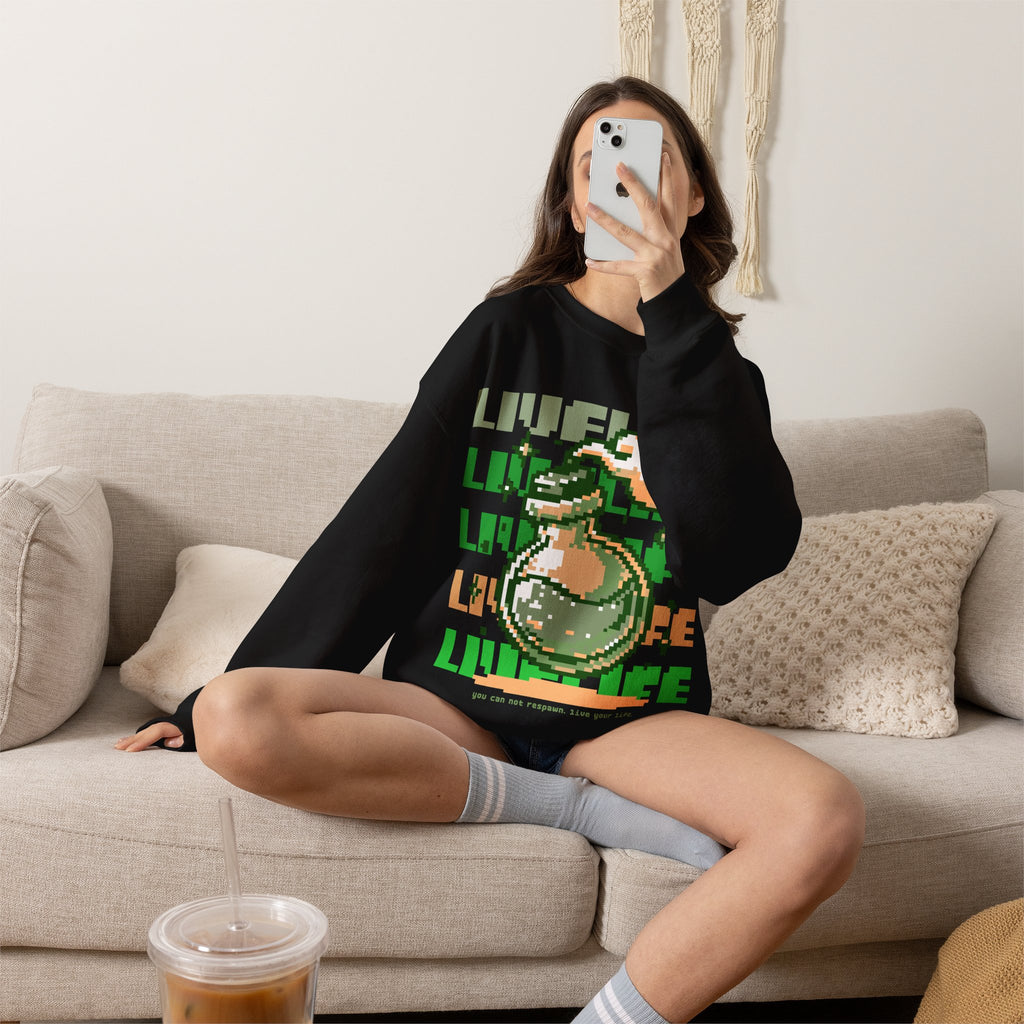 Crewneck Sweatshirt — Pixel Potion 'LIFE' Retro Gaming Graphic