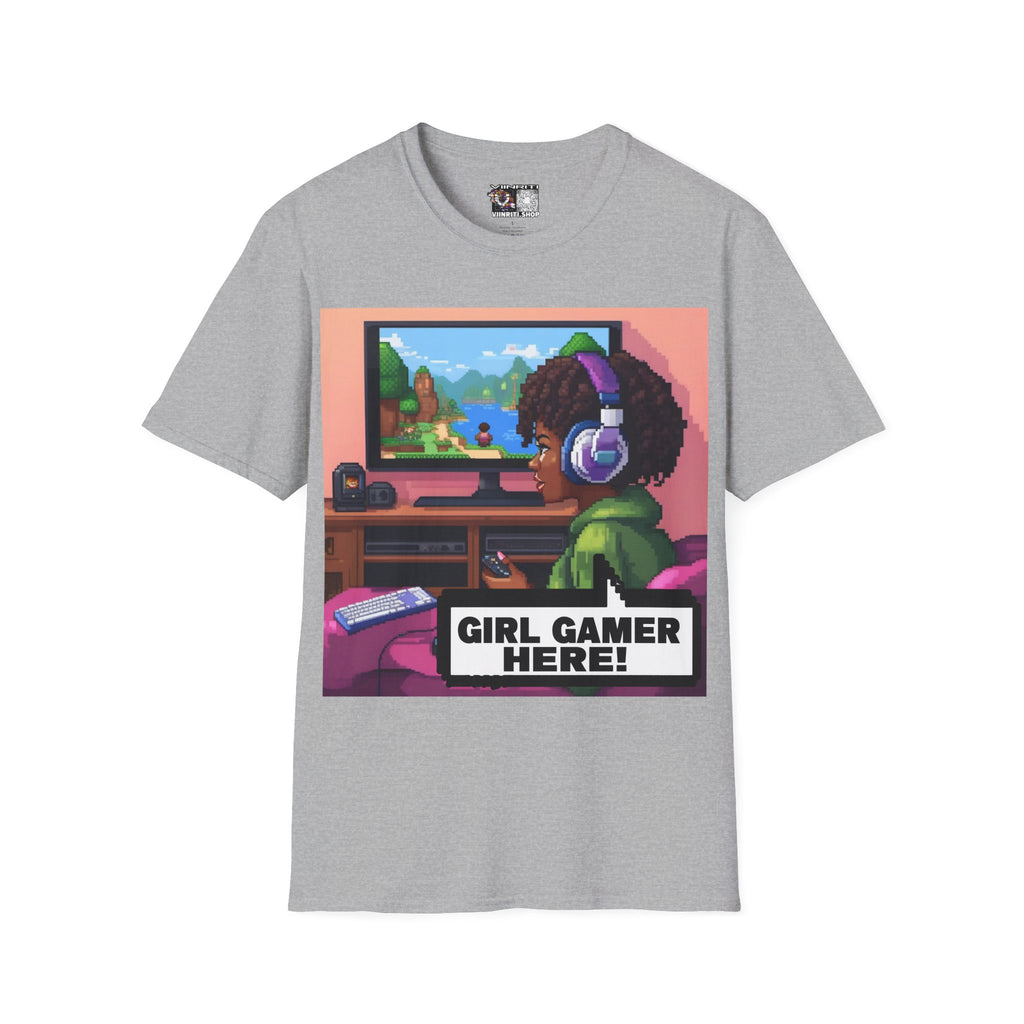 Girl Gamer T-Shirt — Retro Pixel Art ‘GIRL GAMER HERE!’ Tee for Female Gamers