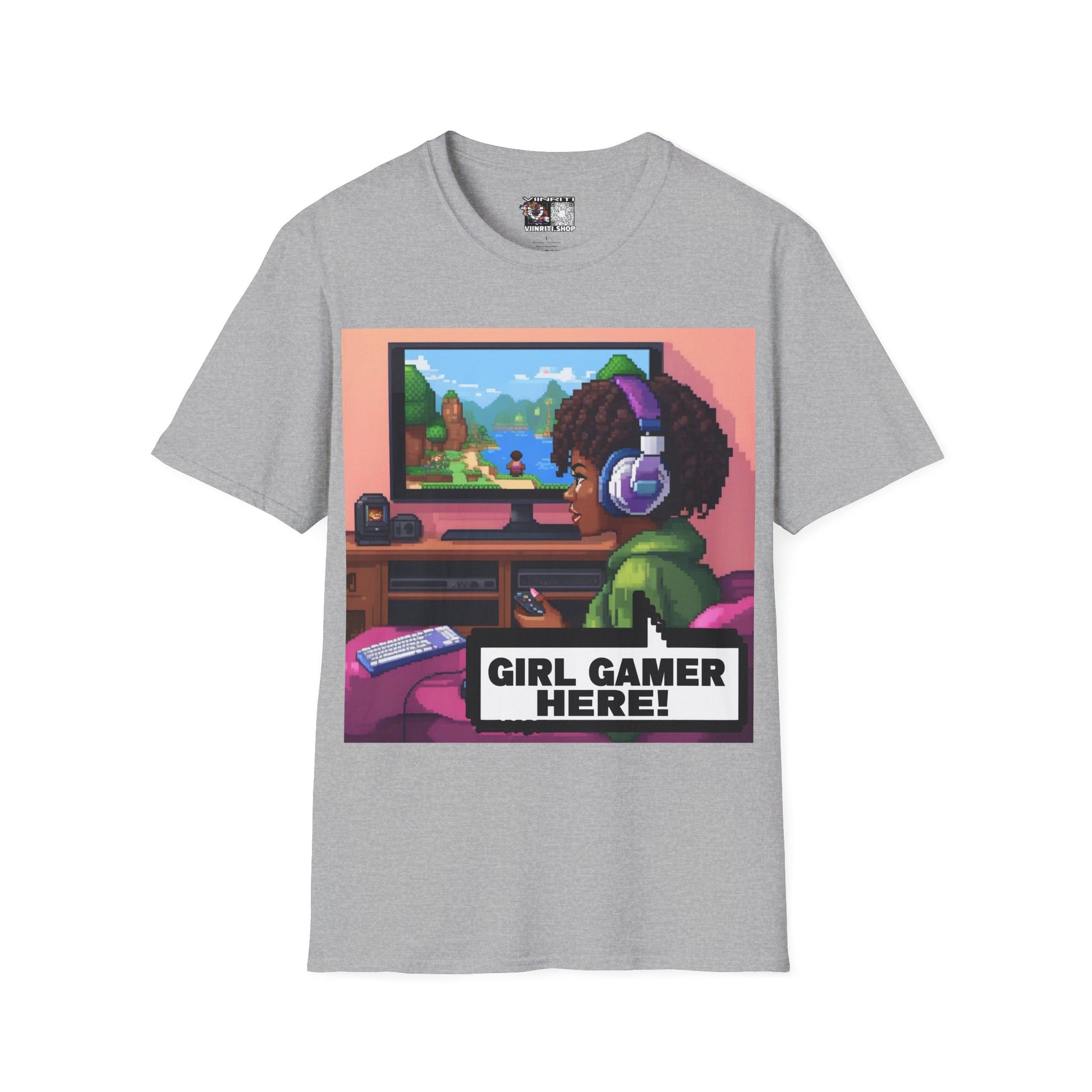 Girl Gamer T-Shirt — Retro Pixel Art ‘GIRL GAMER HERE!’ Tee for Female Gamers