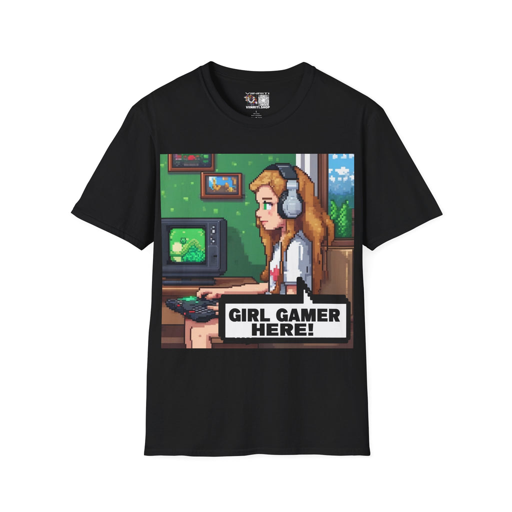 Girl Gamer Here Pixel Art T-Shirt — Retro Gaming Tee for Female Gamers