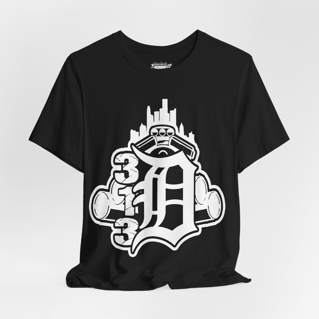 Detroit D Monochrome Tee — City Skyline & Motor Graphic T-Shirt