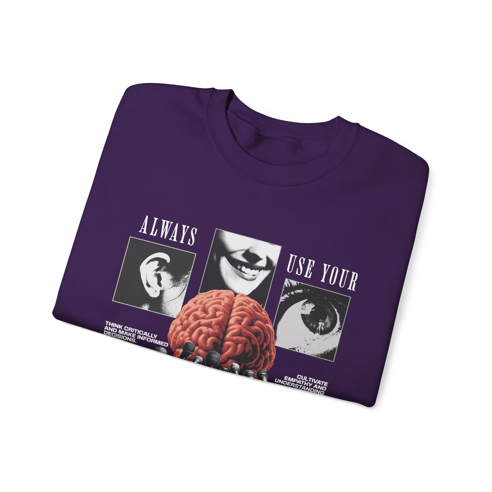 Brain Graphic Crewneck Sweatshirt — "Always Use Your Brain" Vintage Horror Vibe