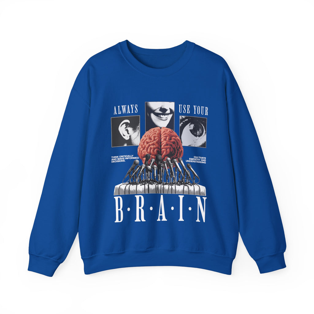Brain Graphic Crewneck Sweatshirt — "Always Use Your Brain" Vintage Horror Vibe