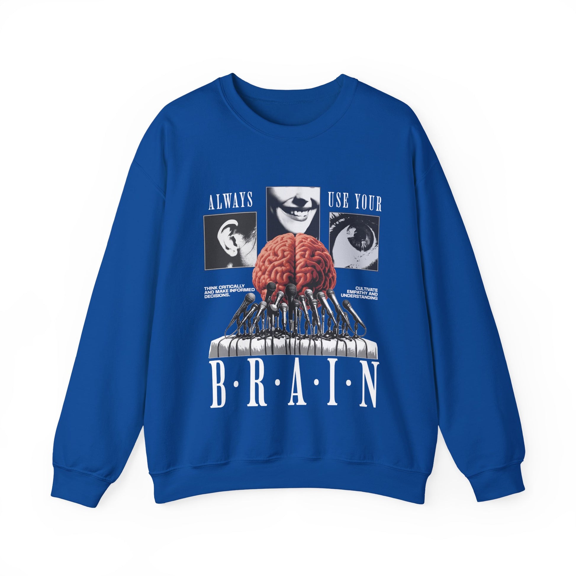 Brain Graphic Crewneck Sweatshirt — "Always Use Your Brain" Vintage Horror Vibe